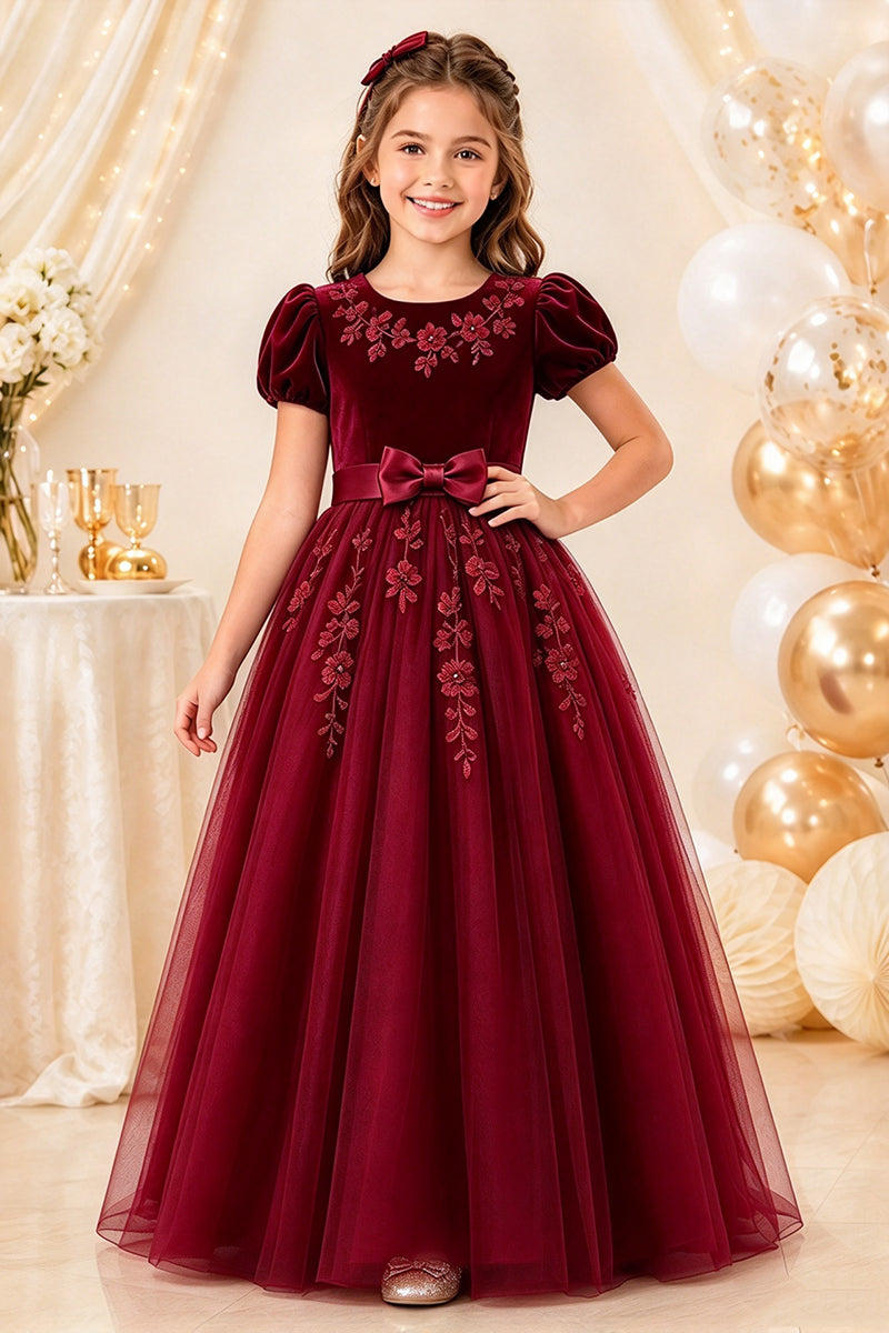 Girls Burgundy Velvet Tulle Dress with Floral Embroidery