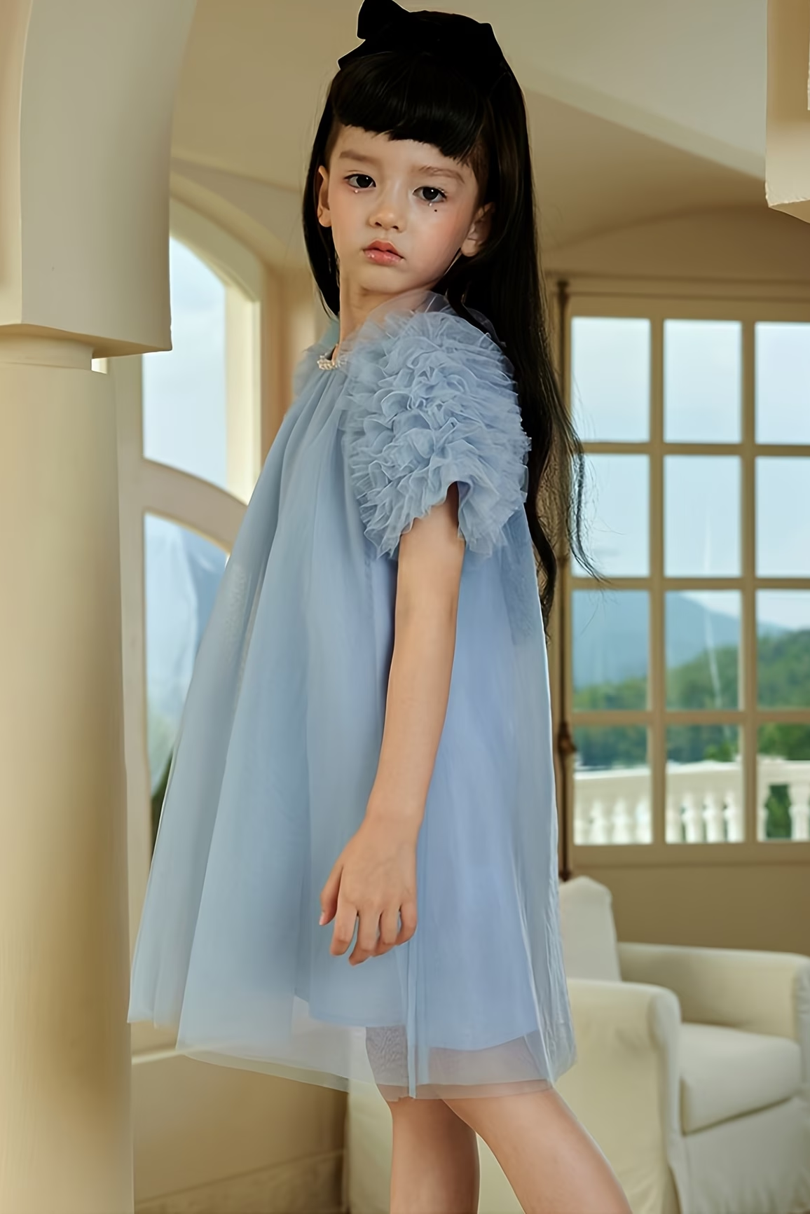 Blue Grey Tulle Pearl Trim Princess Girls A-Line Dress