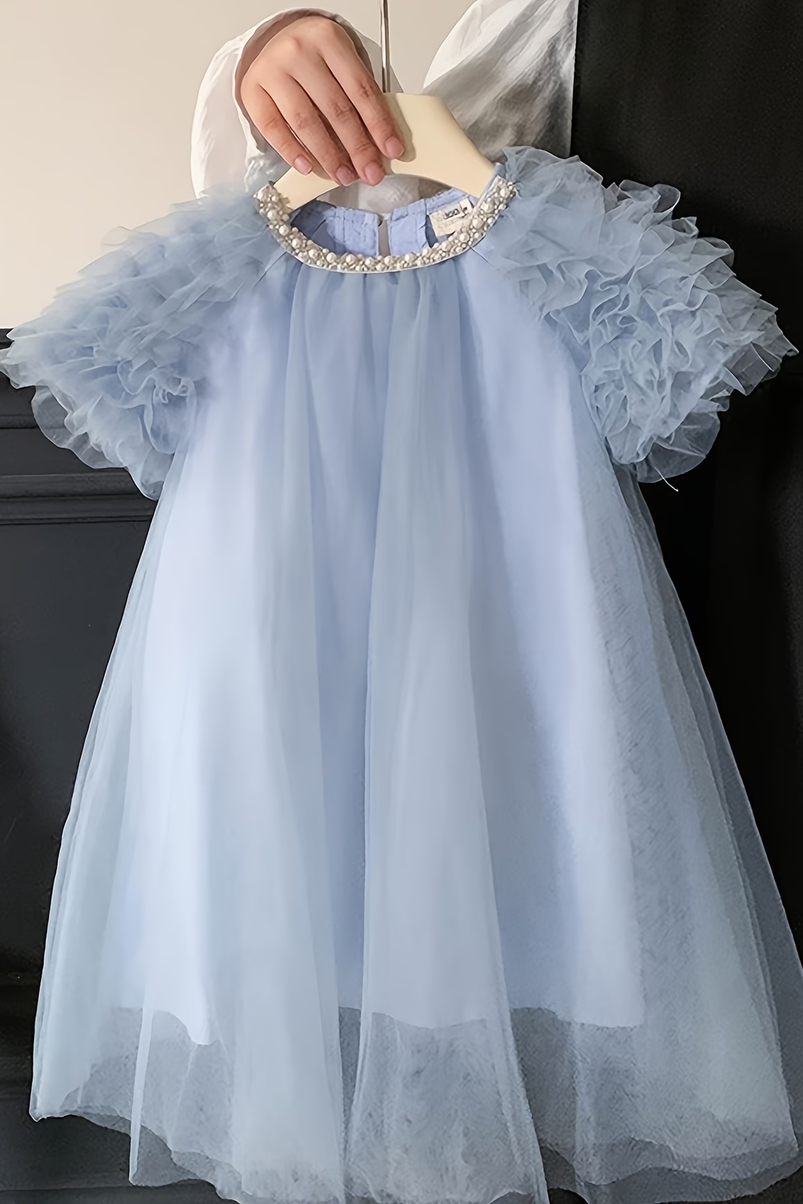 Blue Grey Tulle Pearl Trim Princess Girls A-Line Dress