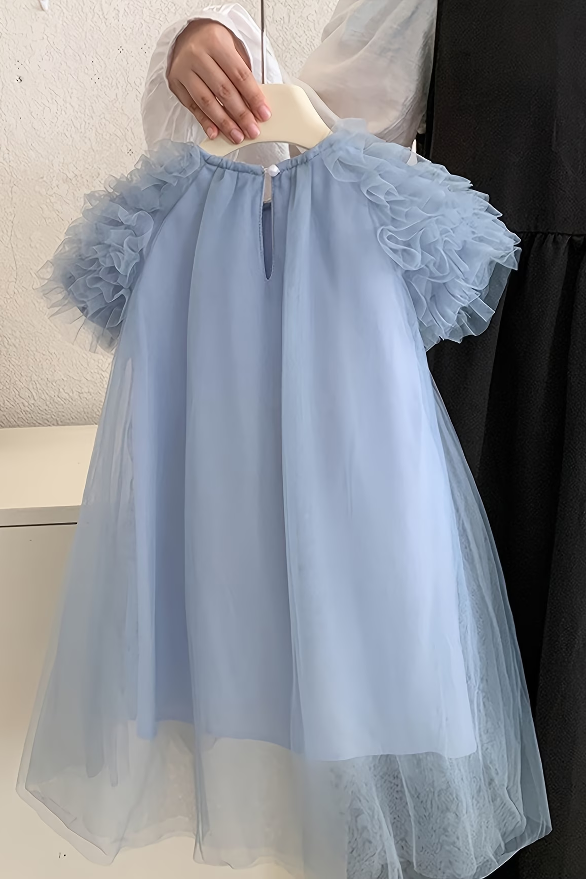 Blue Grey Tulle Pearl Trim Princess Girls A-Line Dress