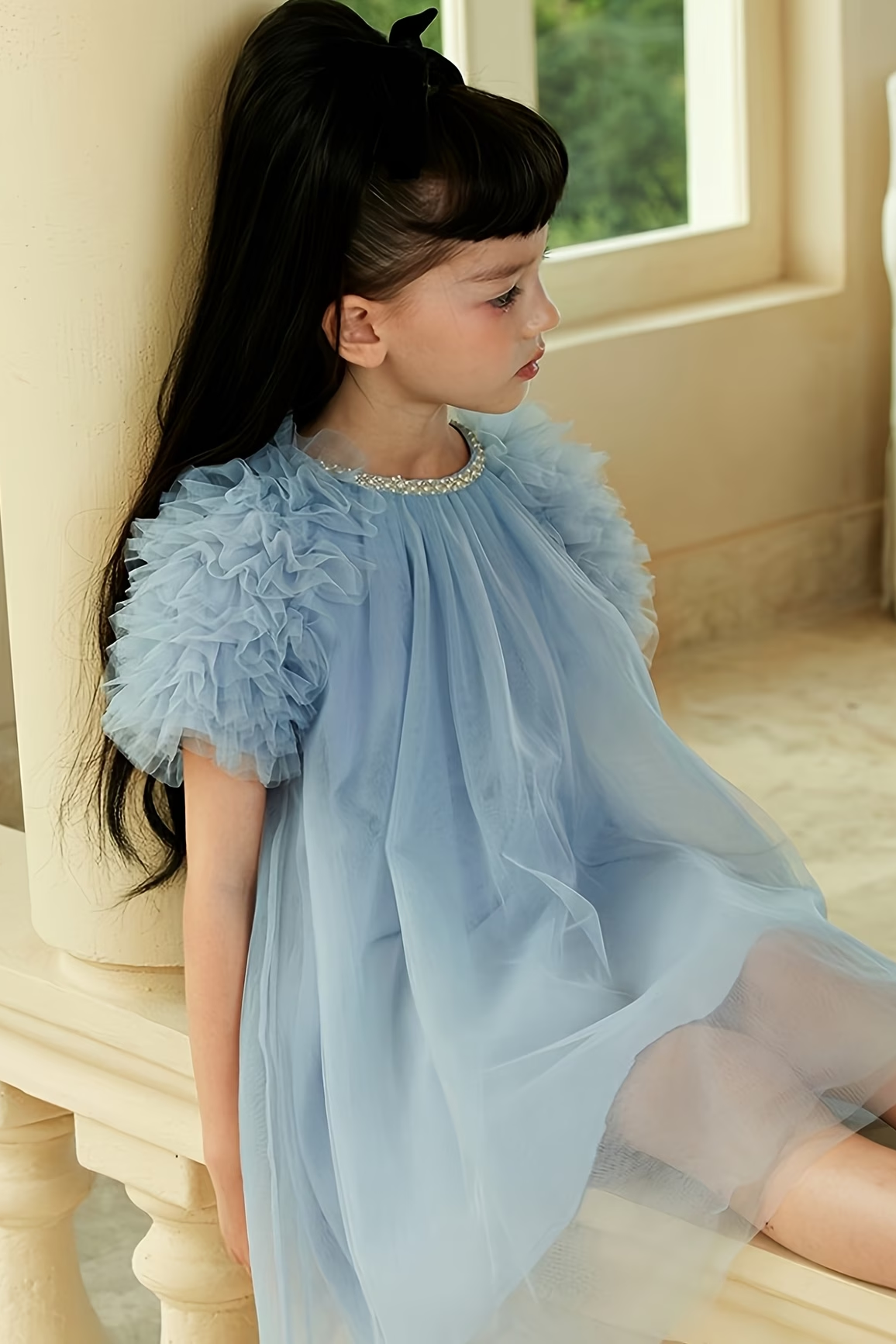 Blue Grey Tulle Pearl Trim Princess Girls A-Line Dress
