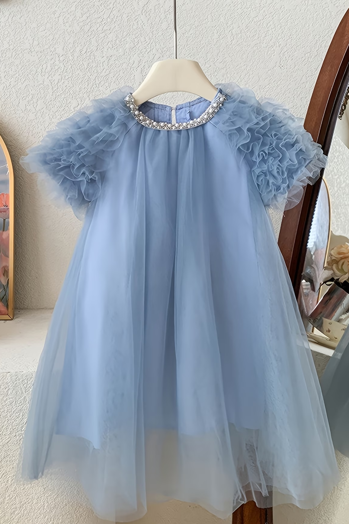 Blue Grey Tulle Pearl Trim Princess Girls A-Line Dress