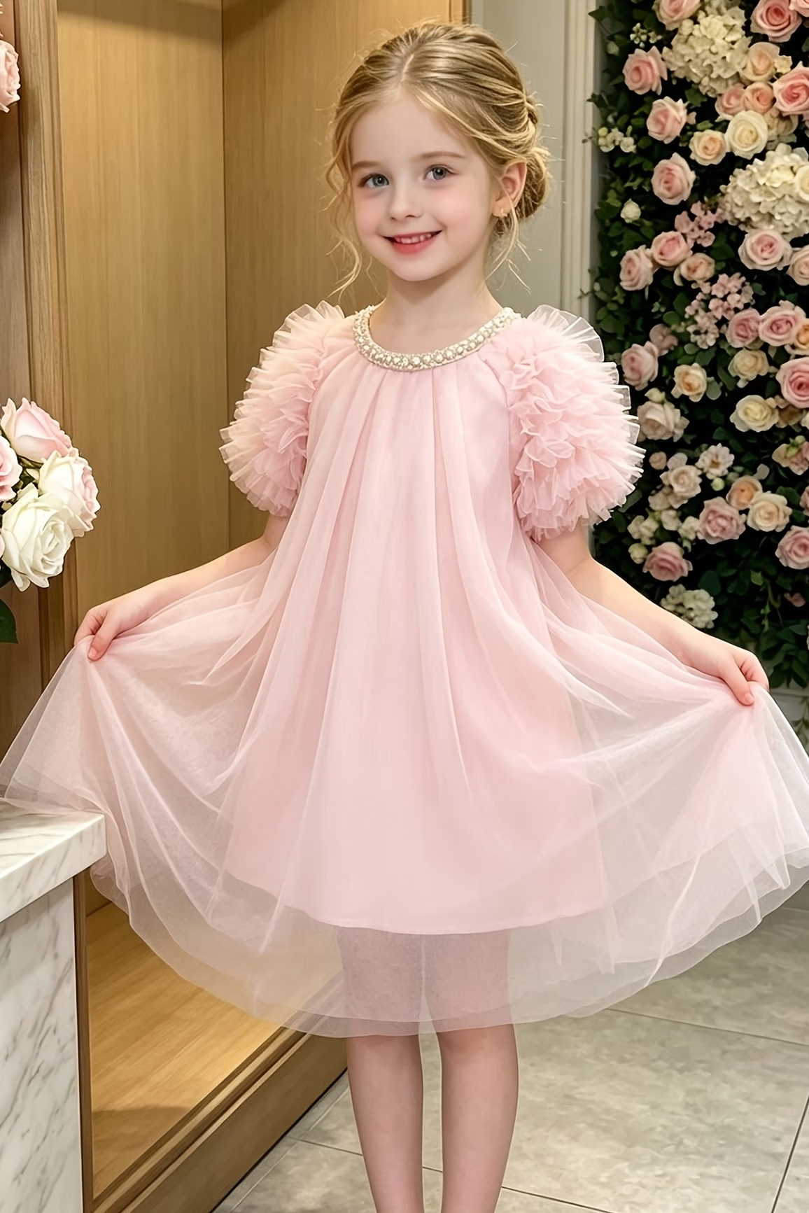 Blue Grey Tulle Pearl Trim Princess Girls A-Line Dress