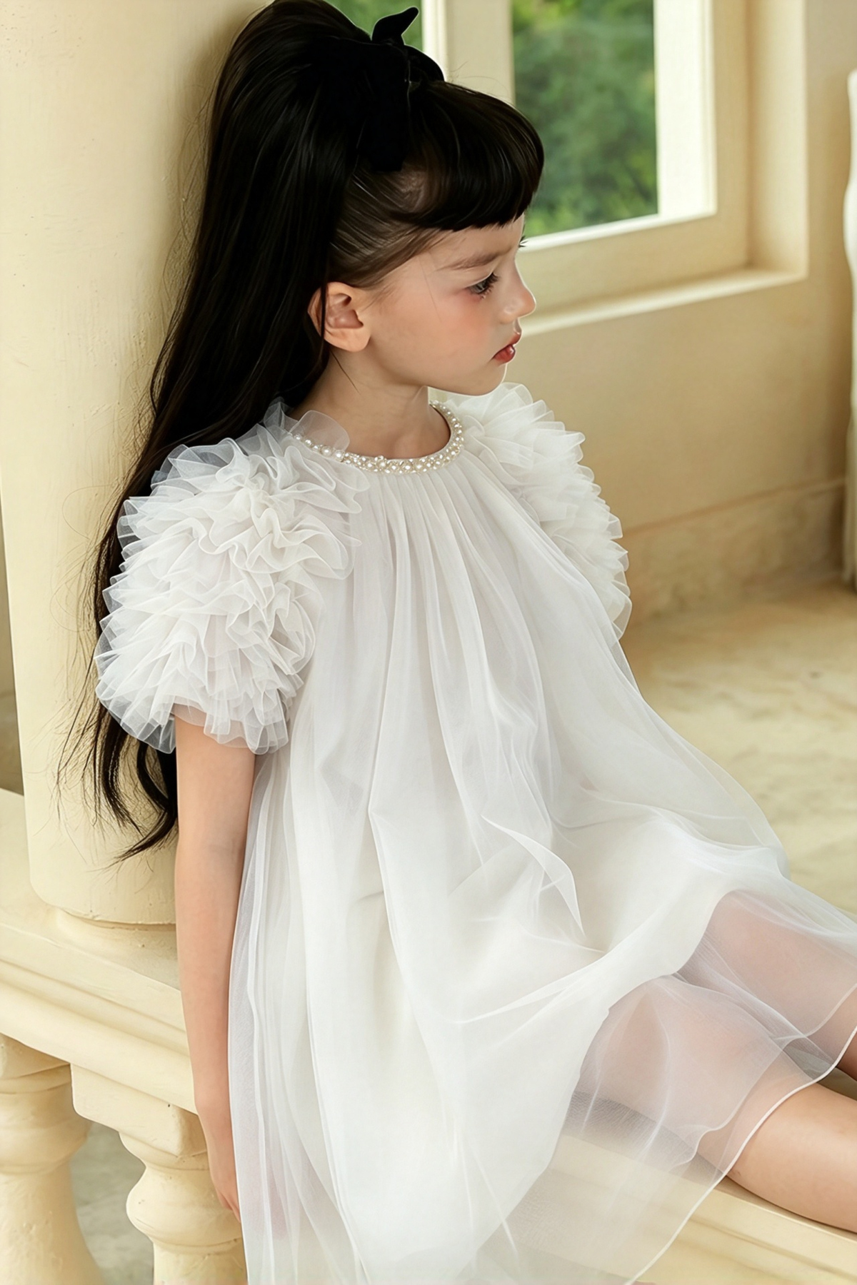 Blue Grey Tulle Pearl Trim Princess Girls A-Line Dress