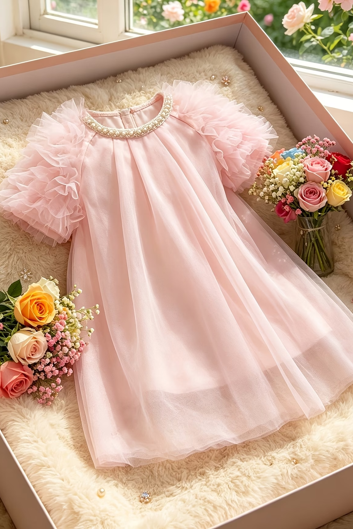 Blue Grey Tulle Pearl Trim Princess Girls A-Line Dress