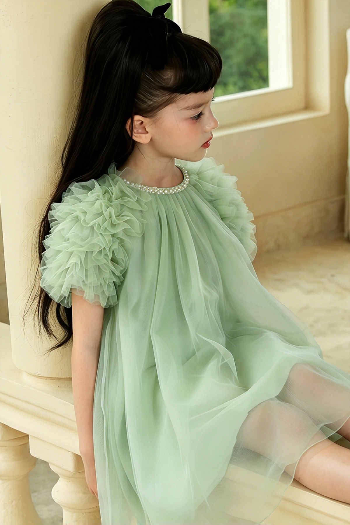 Blue Grey Tulle Pearl Trim Princess Girls A-Line Dress