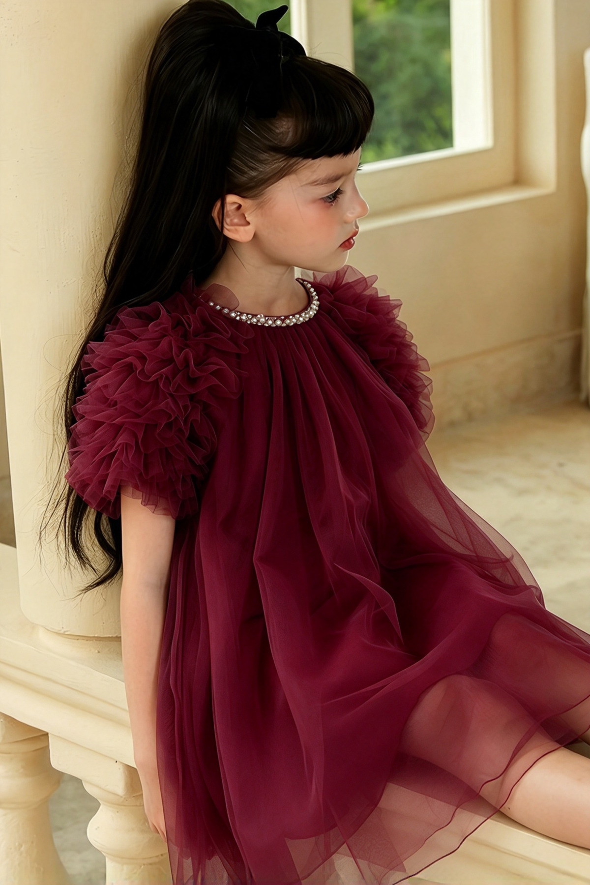 Blue Grey Tulle Pearl Trim Princess Girls A-Line Dress
