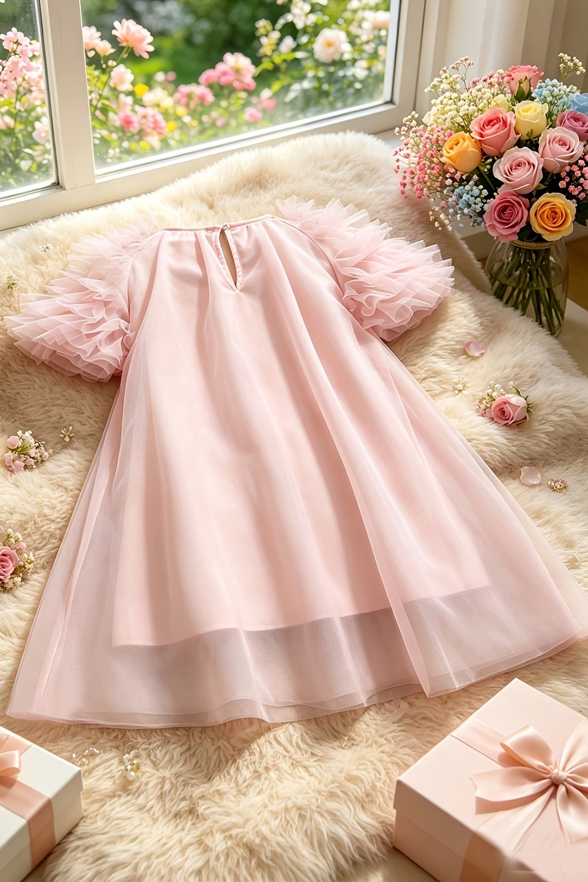 Blue Grey Tulle Pearl Trim Princess Girls A-Line Dress