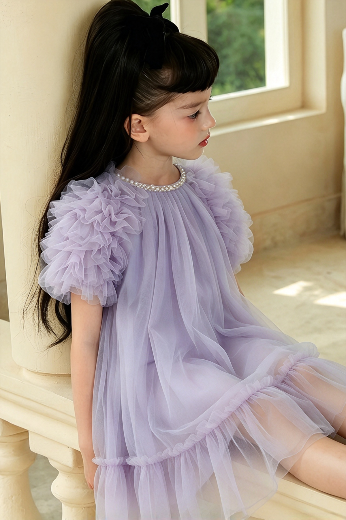 Blue Grey Tulle Pearl Trim Princess Girls A-Line Dress