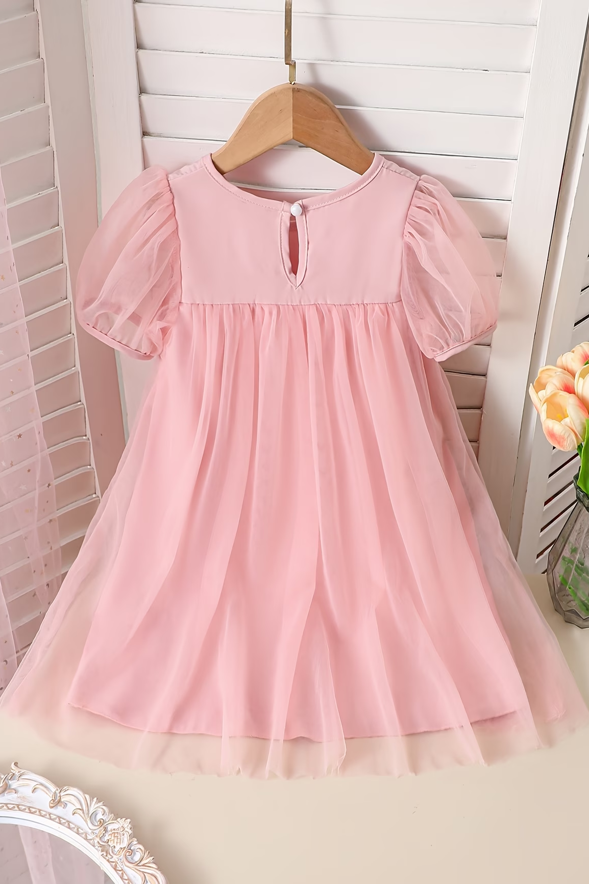 Pink Tulle Puff Short Sleeve Bow Princess Girls A-Line Dress