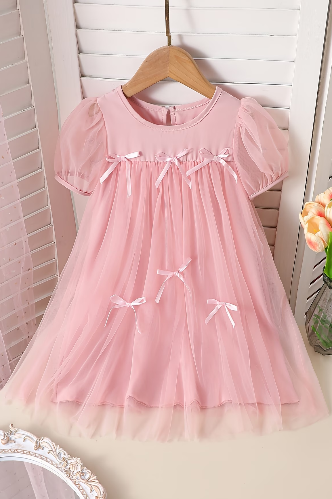 Pink Tulle Puff Short Sleeve Bow Princess Girls A-Line Dress