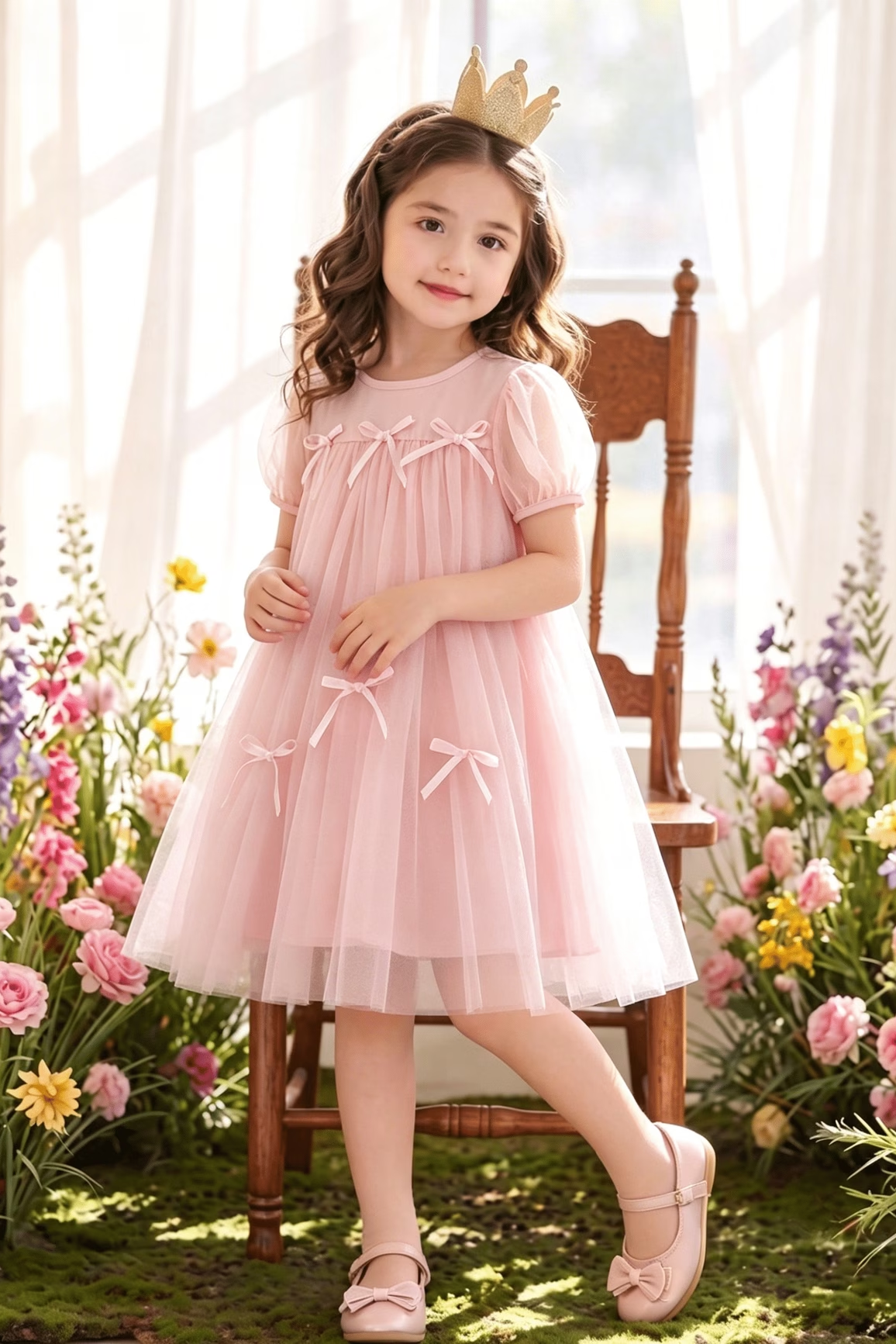 Pink Tulle Puff Short Sleeve Bow Princess Girls A-Line Dress