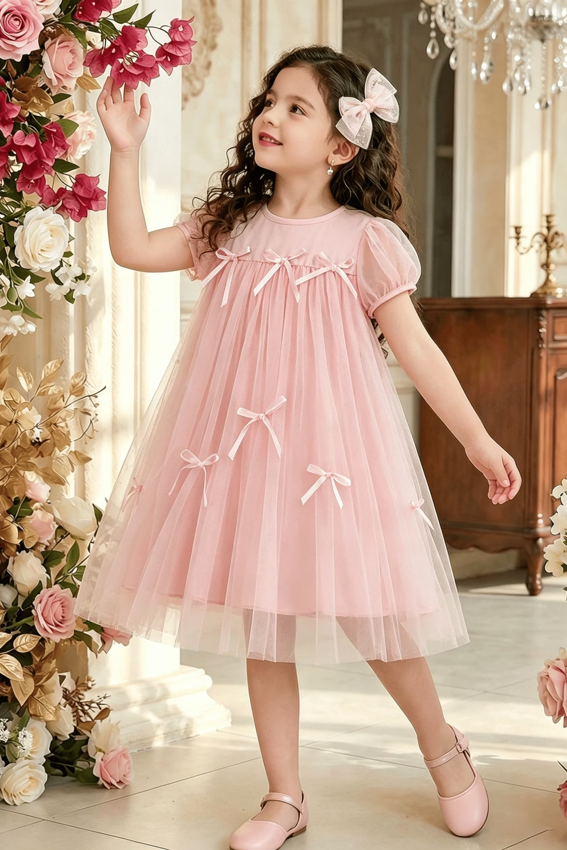 Pink Tulle Puff Short Sleeve Bow Princess Girls A-Line Dress