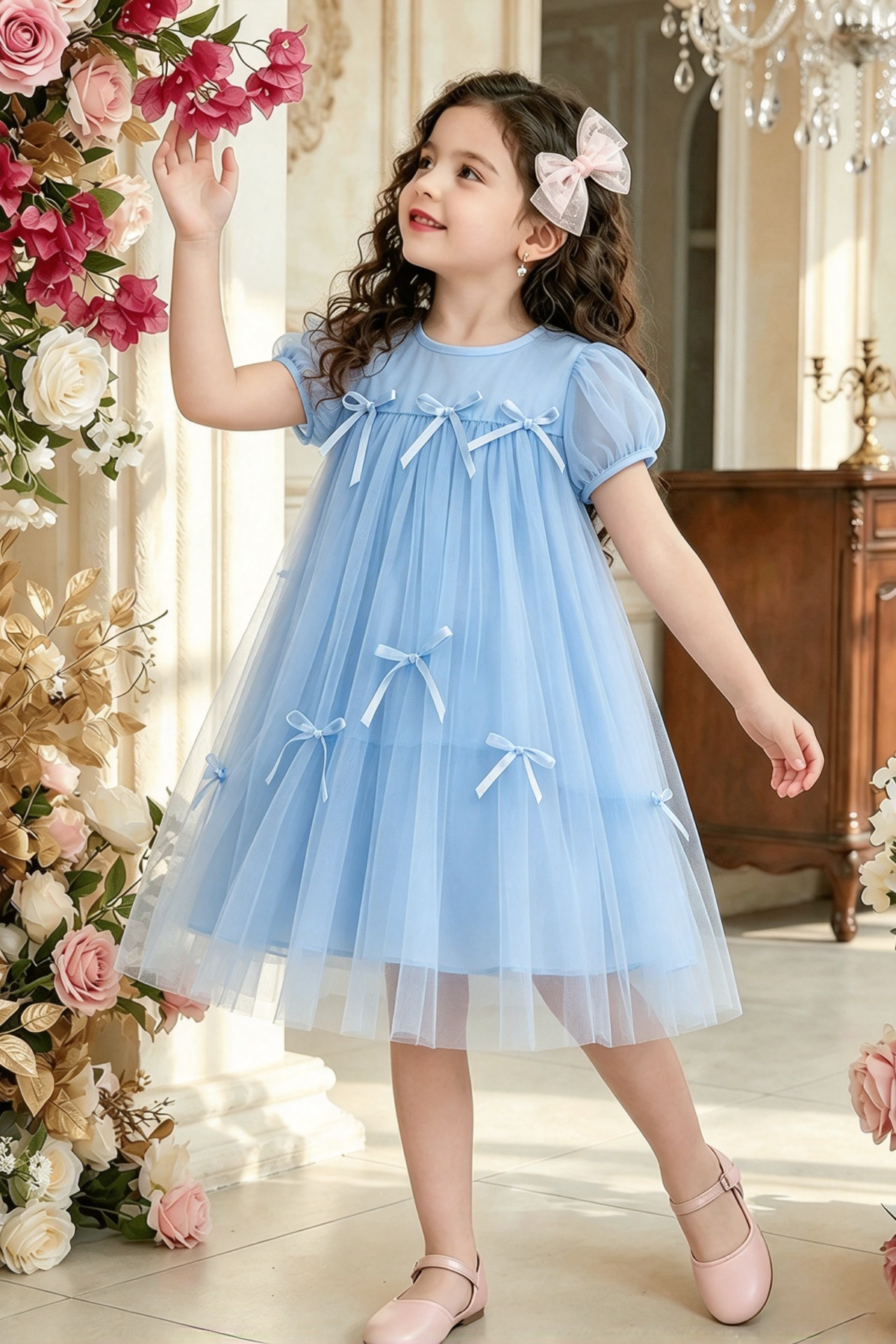 Pink Tulle Puff Short Sleeve Bow Princess Girls A-Line Dress