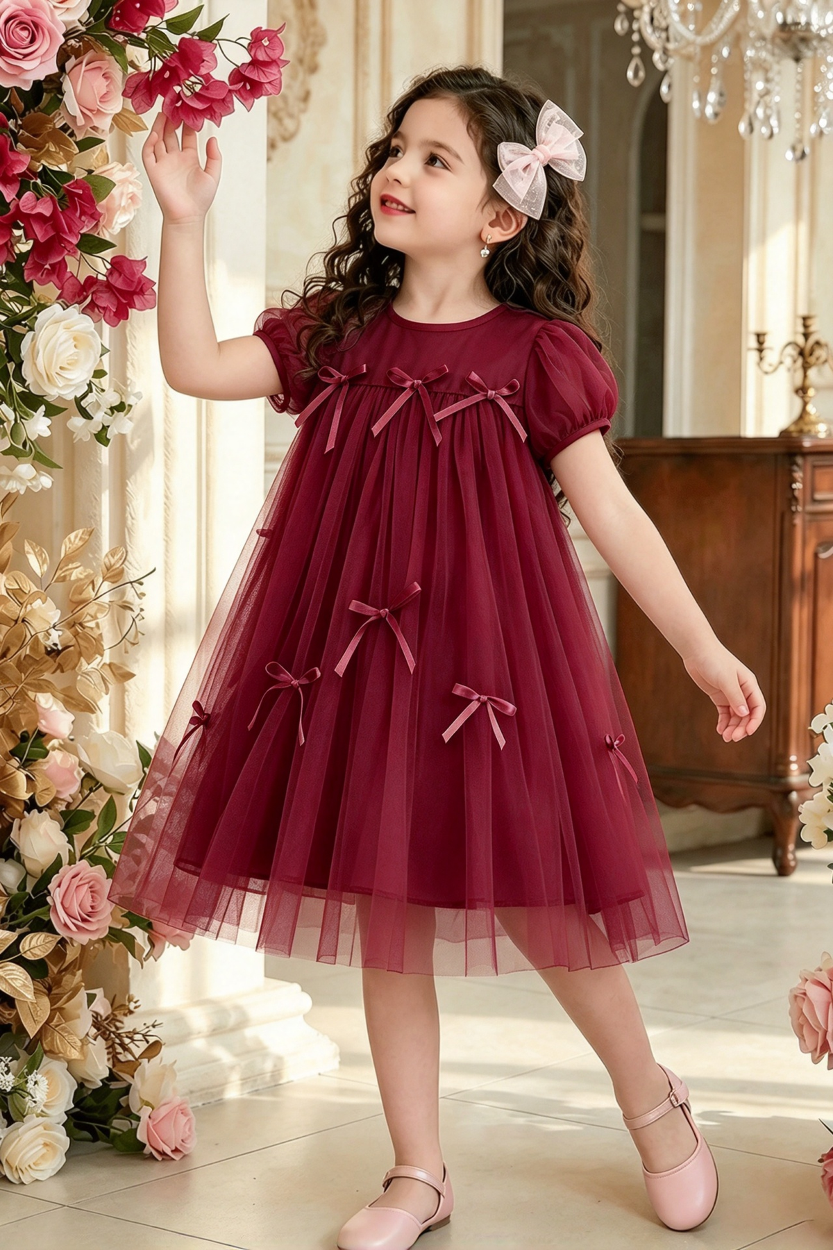 Pink Tulle Puff Short Sleeve Bow Princess Girls A-Line Dress