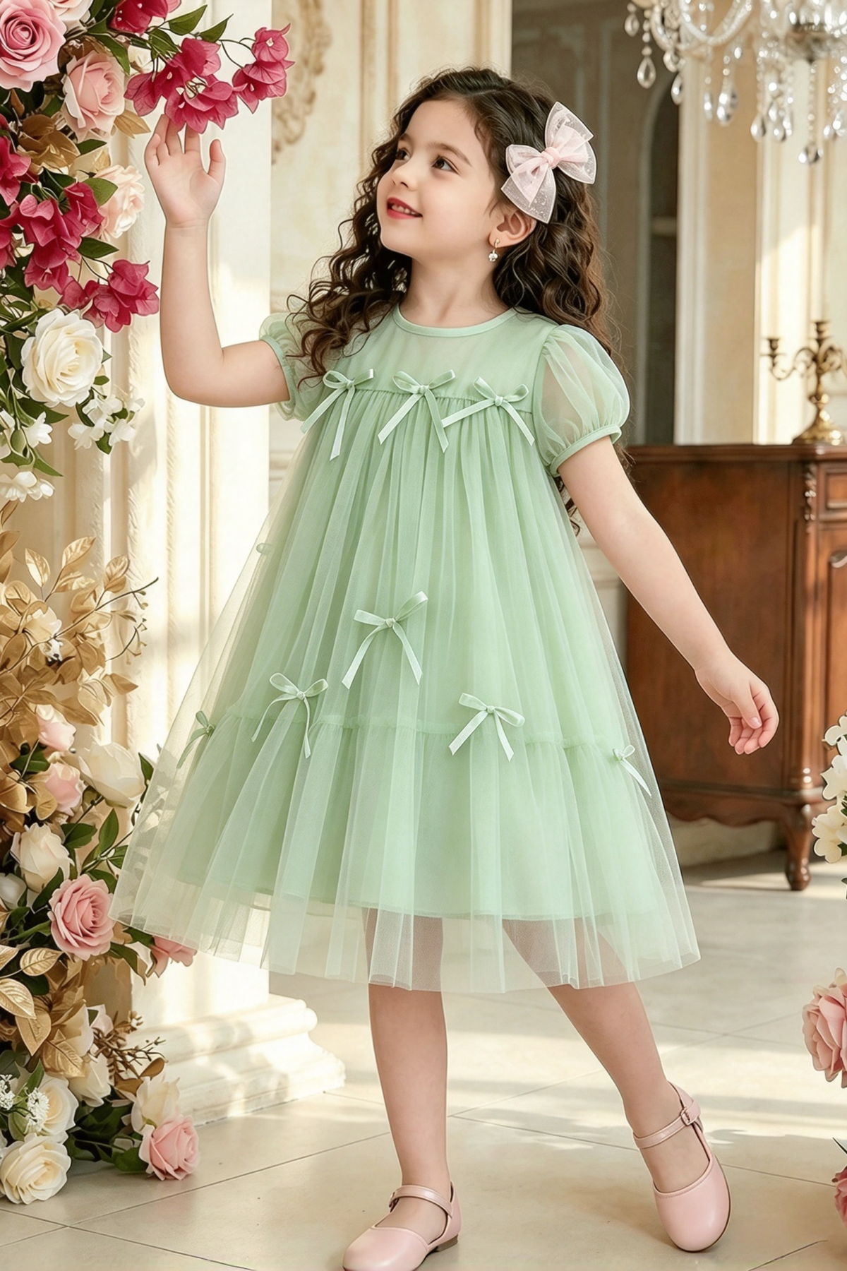 Pink Tulle Puff Short Sleeve Bow Princess Girls A-Line Dress