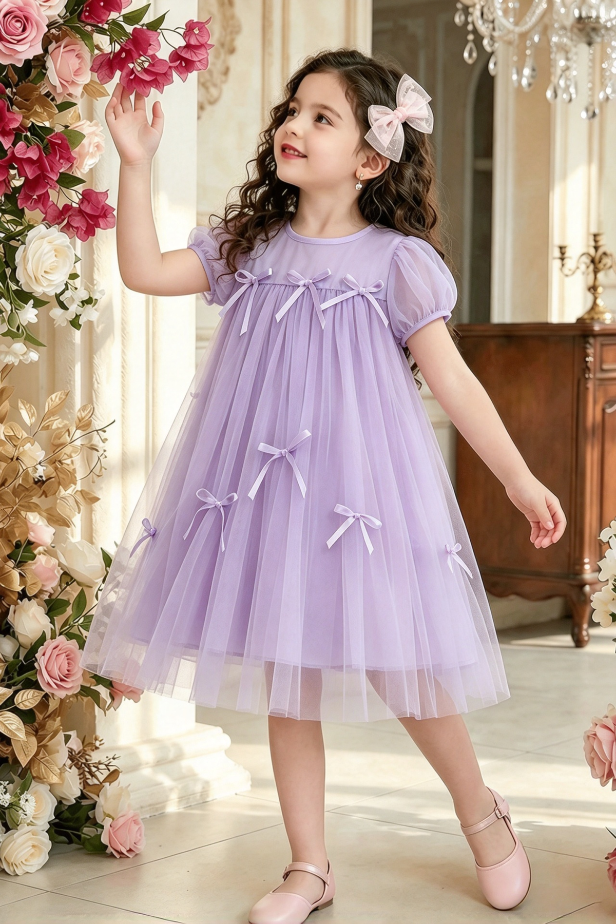 Pink Tulle Puff Short Sleeve Bow Princess Girls A-Line Dress
