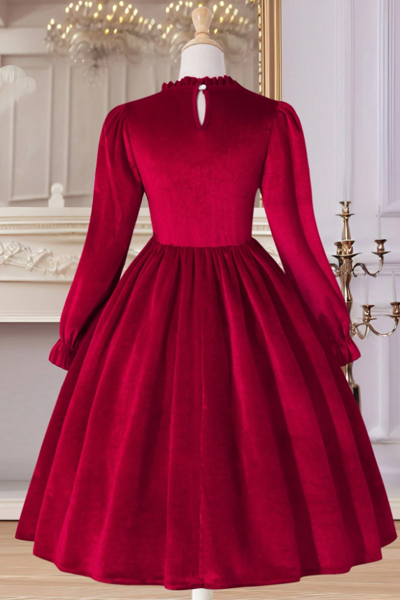 Burgundy Velvet Long Sleeve Ruffle Bow Princess Girls A-Line Dress