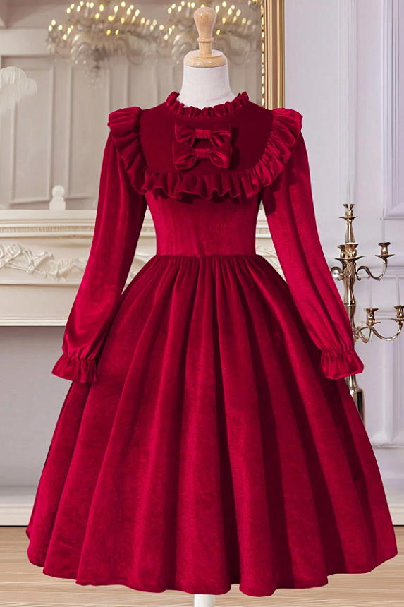 Burgundy Velvet Long Sleeve Ruffle Bow Princess Girls A-Line Dress