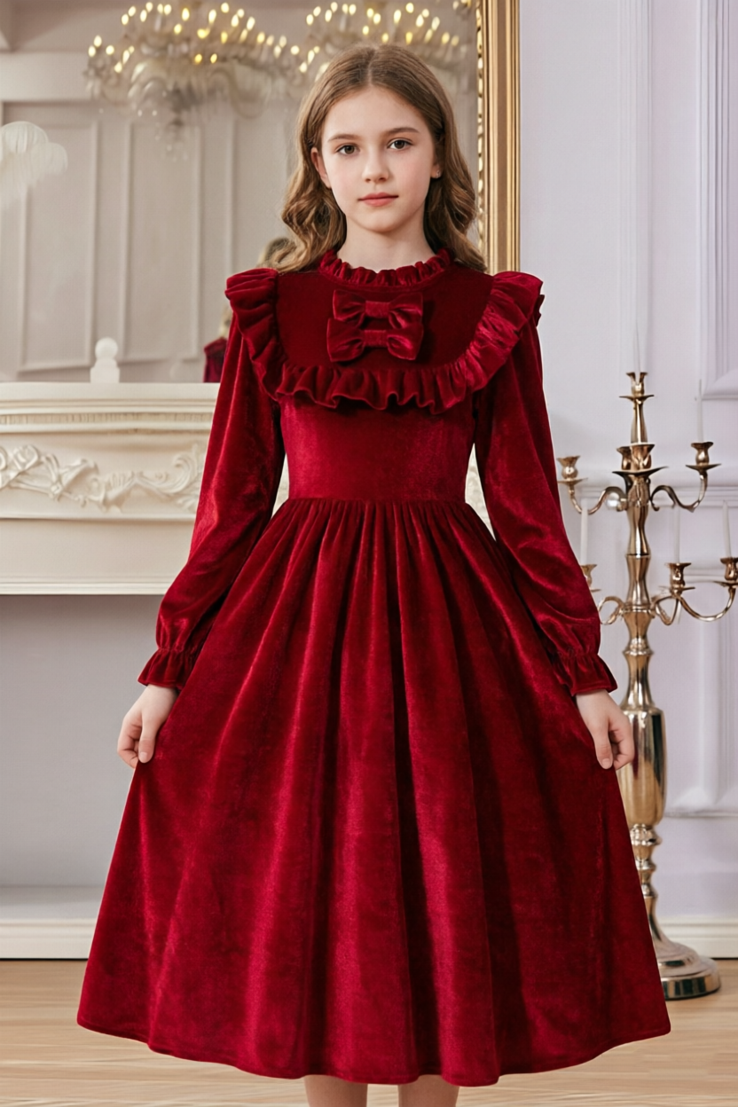 Burgundy Velvet Long Sleeve Ruffle Bow Princess Girls A-Line Dress