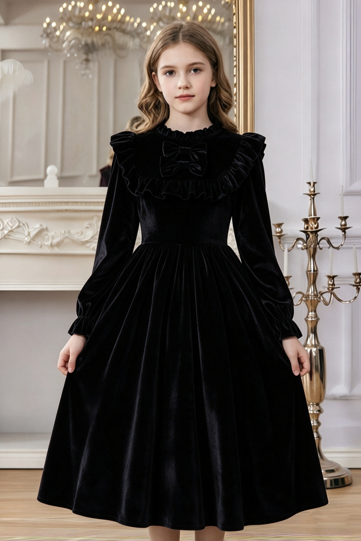 Burgundy Velvet Long Sleeve Ruffle Bow Princess Girls A-Line Dress
