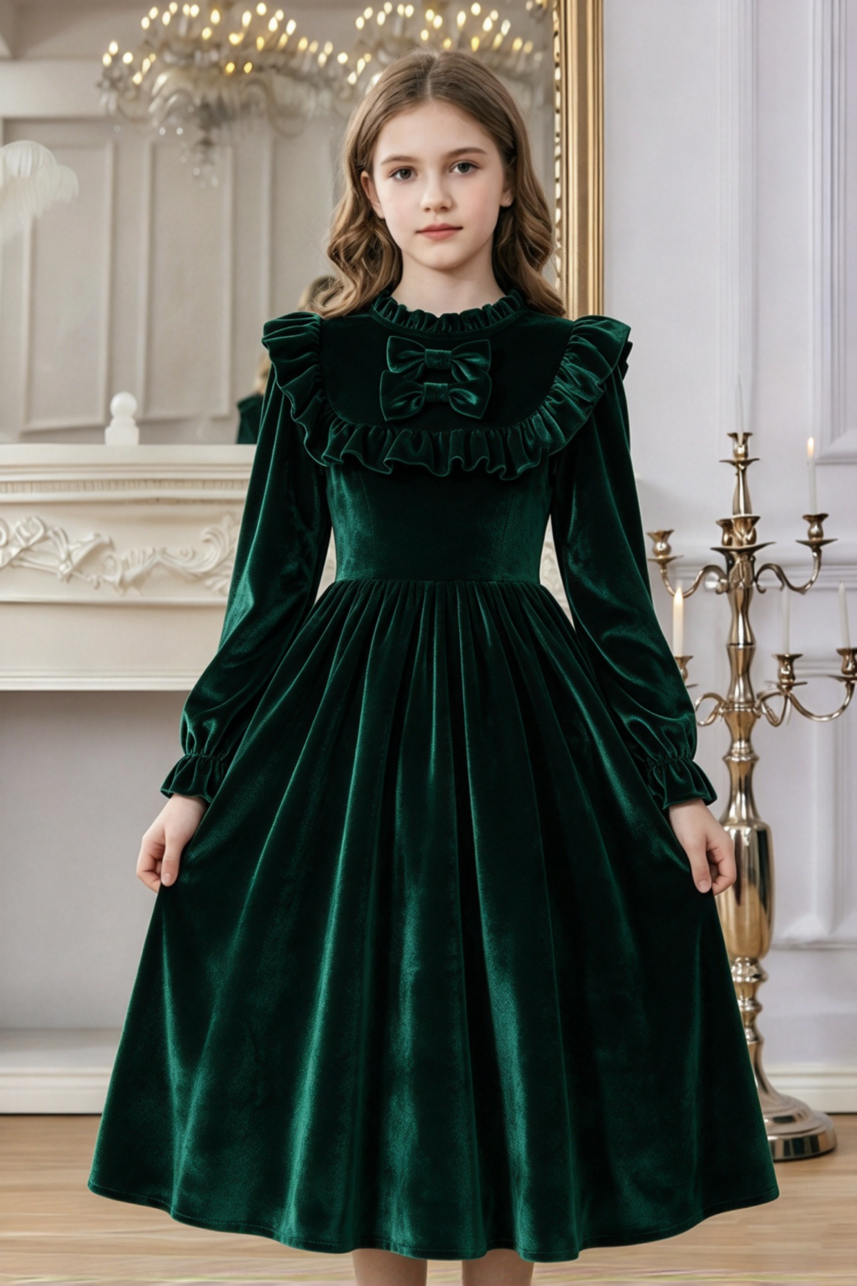 Burgundy Velvet Long Sleeve Ruffle Bow Princess Girls A-Line Dress