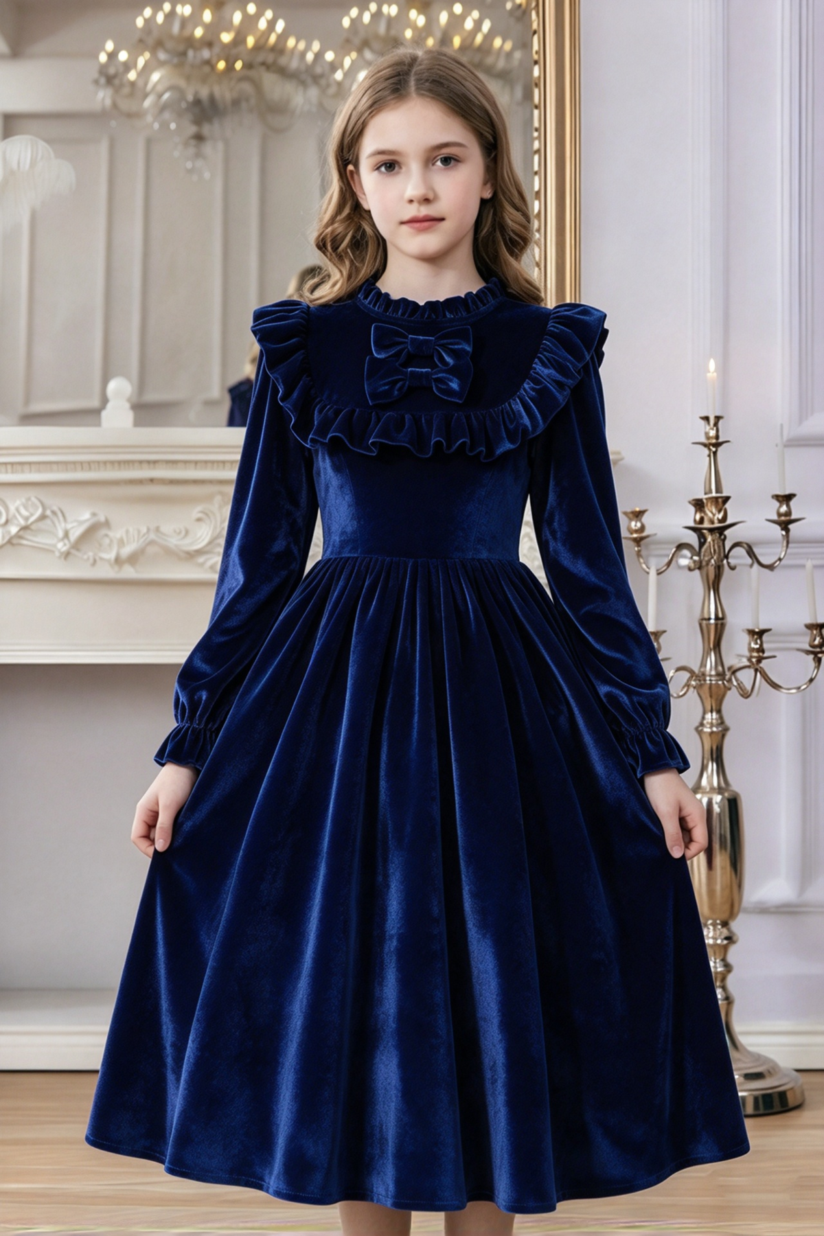 Burgundy Velvet Long Sleeve Ruffle Bow Princess Girls A-Line Dress