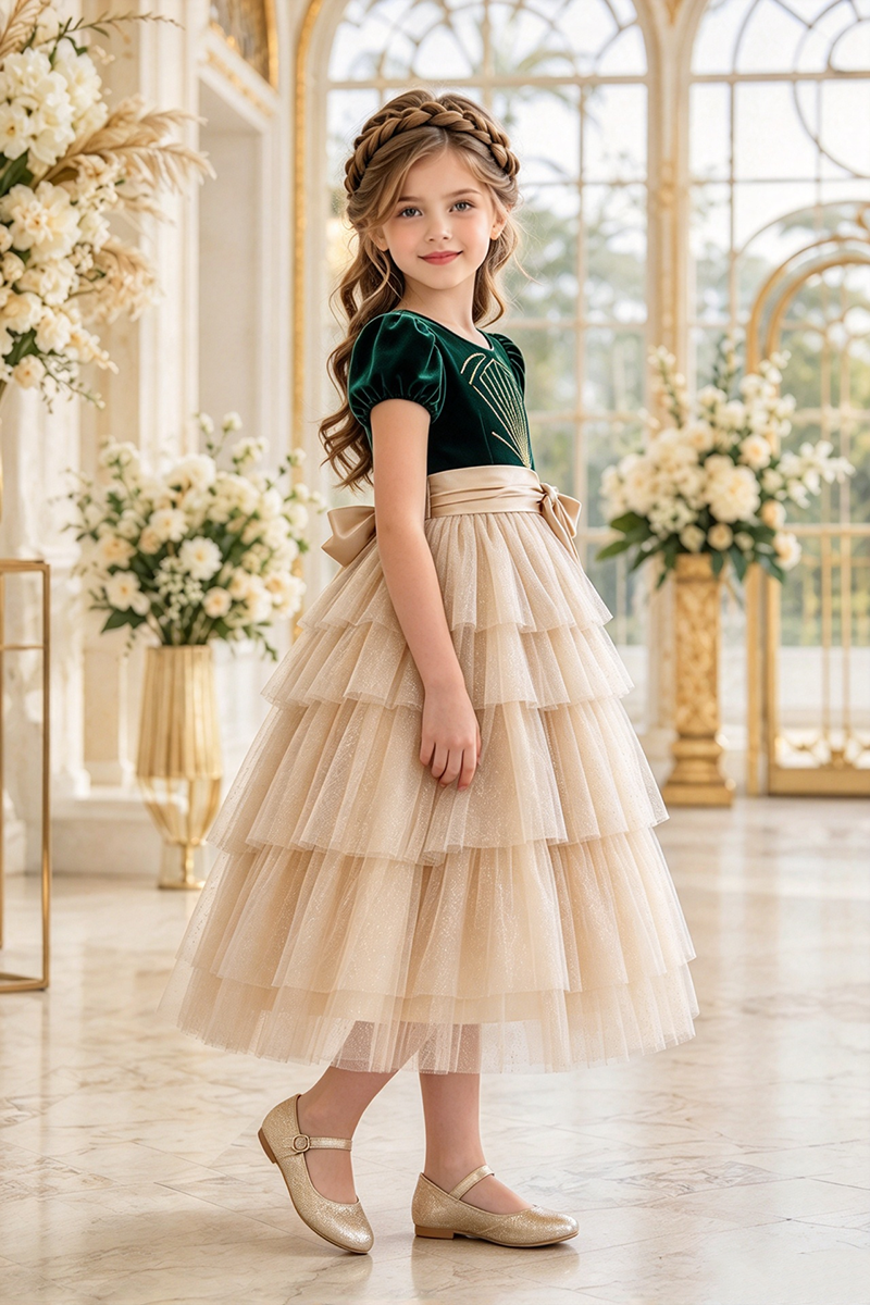 Girls Green Velvet Tulle Dress