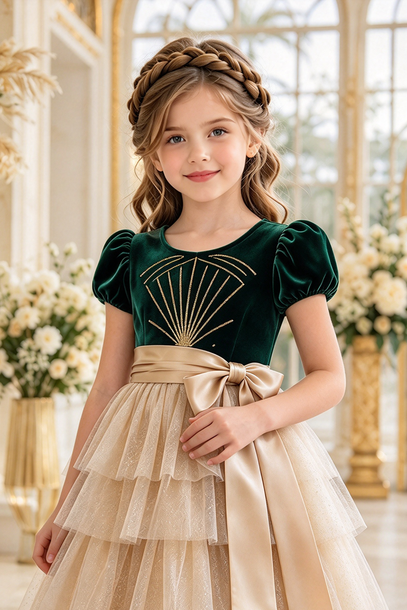 Girls Green Velvet Tulle Dress
