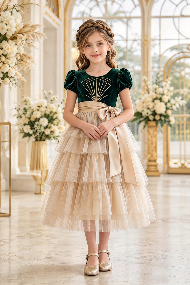 Girls Green Velvet Tulle Dress