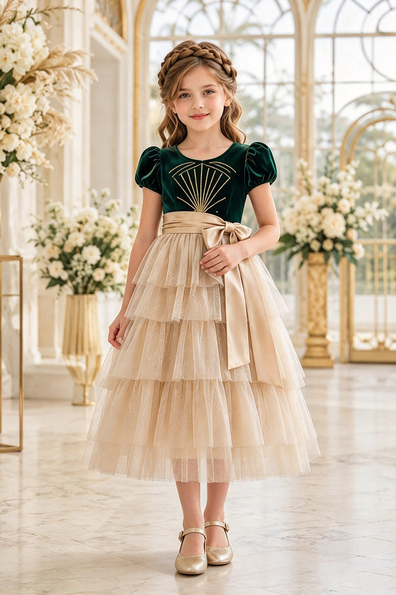 Girls Green Velvet Tulle Dress