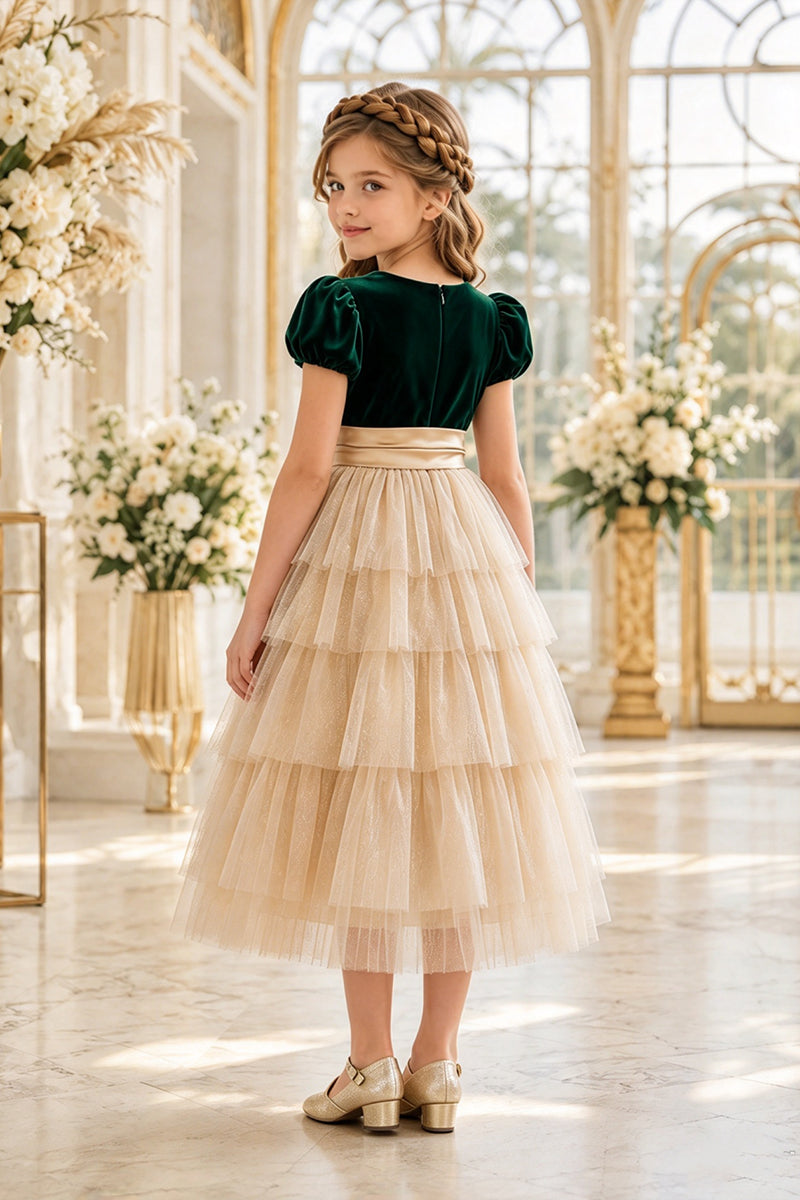 Girls Green Velvet Tulle Dress