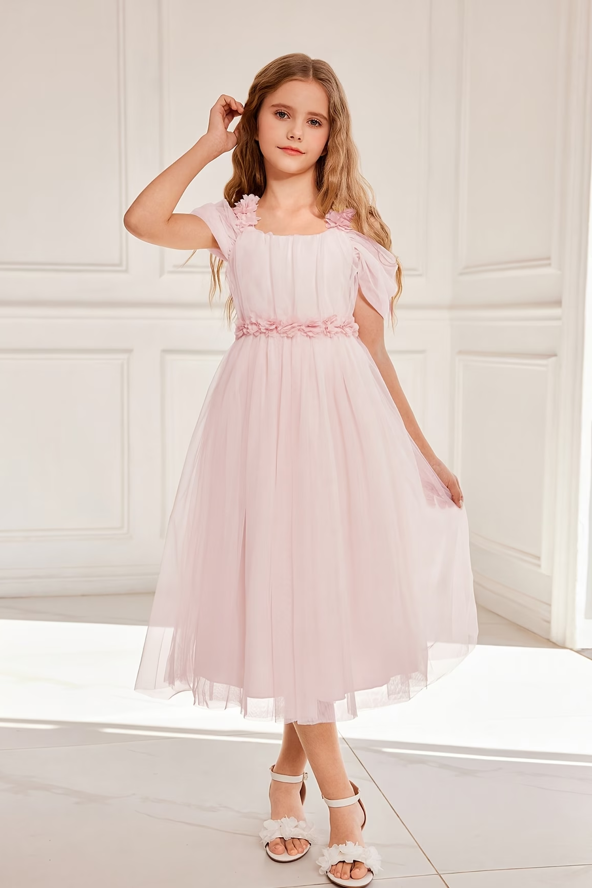 Light Pink Tulle Off Shoulder 3D Floral Girls A-Line Dress