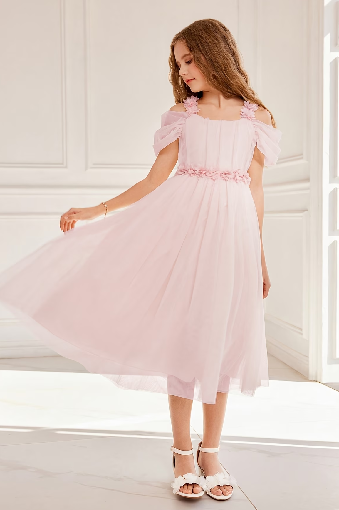 Light Pink Tulle Off Shoulder 3D Floral Girls A-Line Dress
