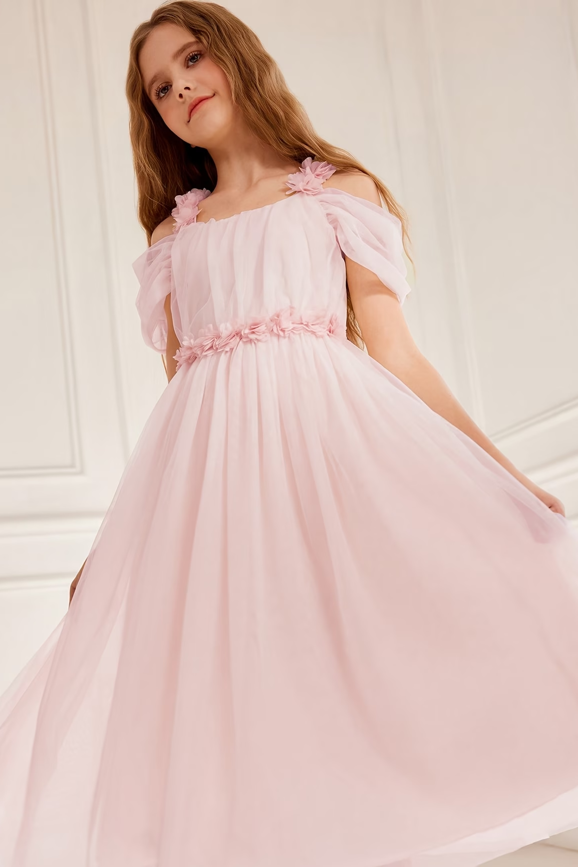 Light Pink Tulle Off Shoulder 3D Floral Girls A-Line Dress