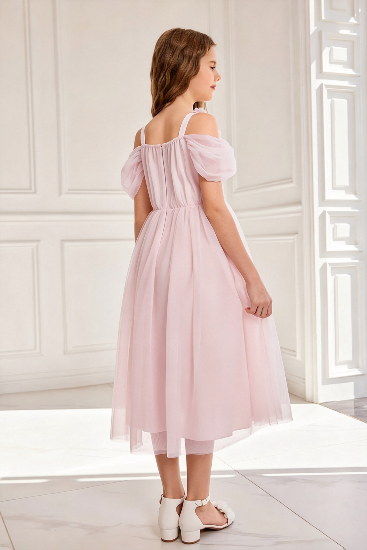 Light Pink Tulle Off Shoulder 3D Floral Girls A-Line Dress