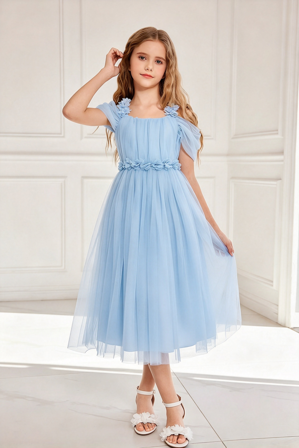 Light Pink Tulle Off Shoulder 3D Floral Girls A-Line Dress