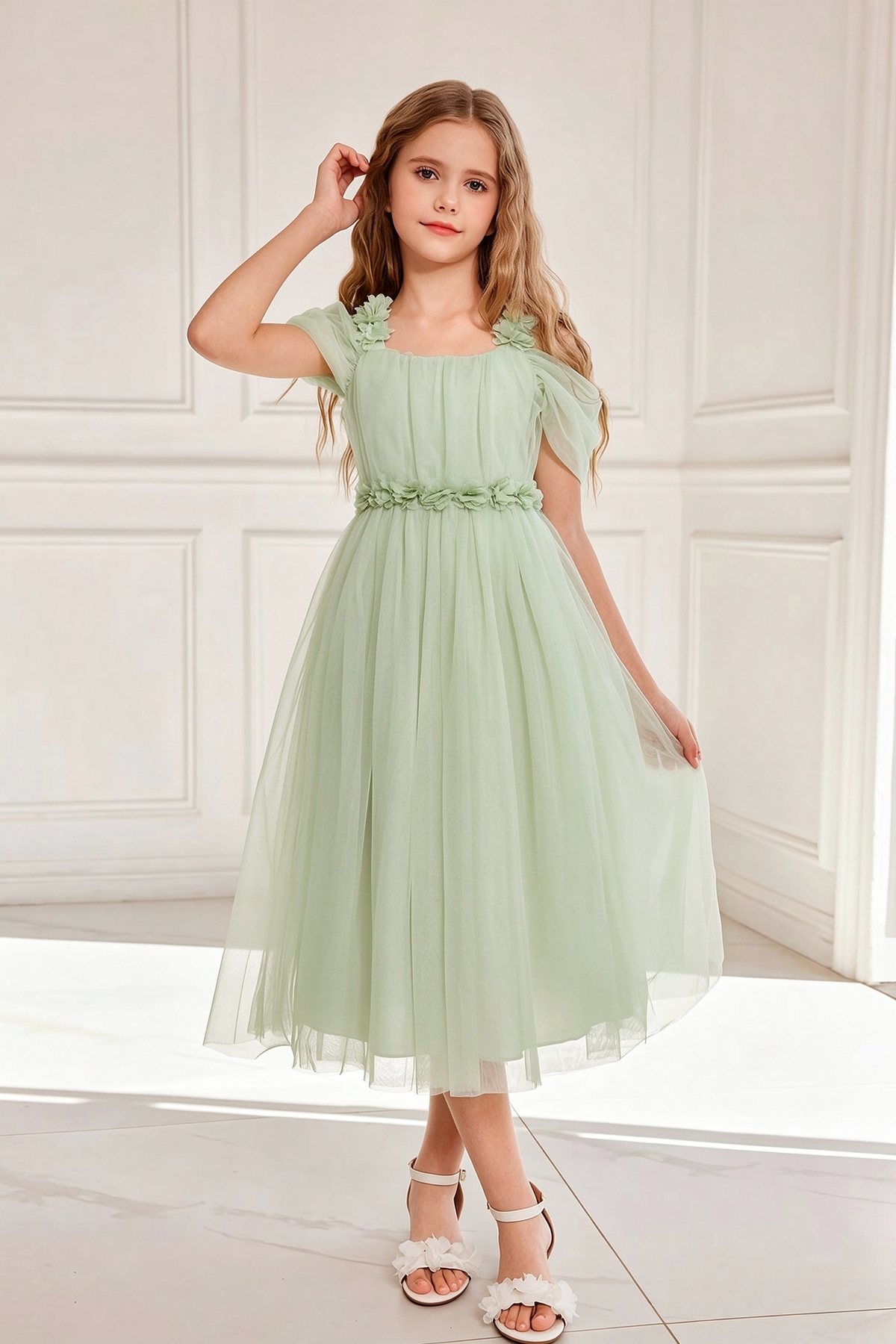 Light Pink Tulle Off Shoulder 3D Floral Girls A-Line Dress