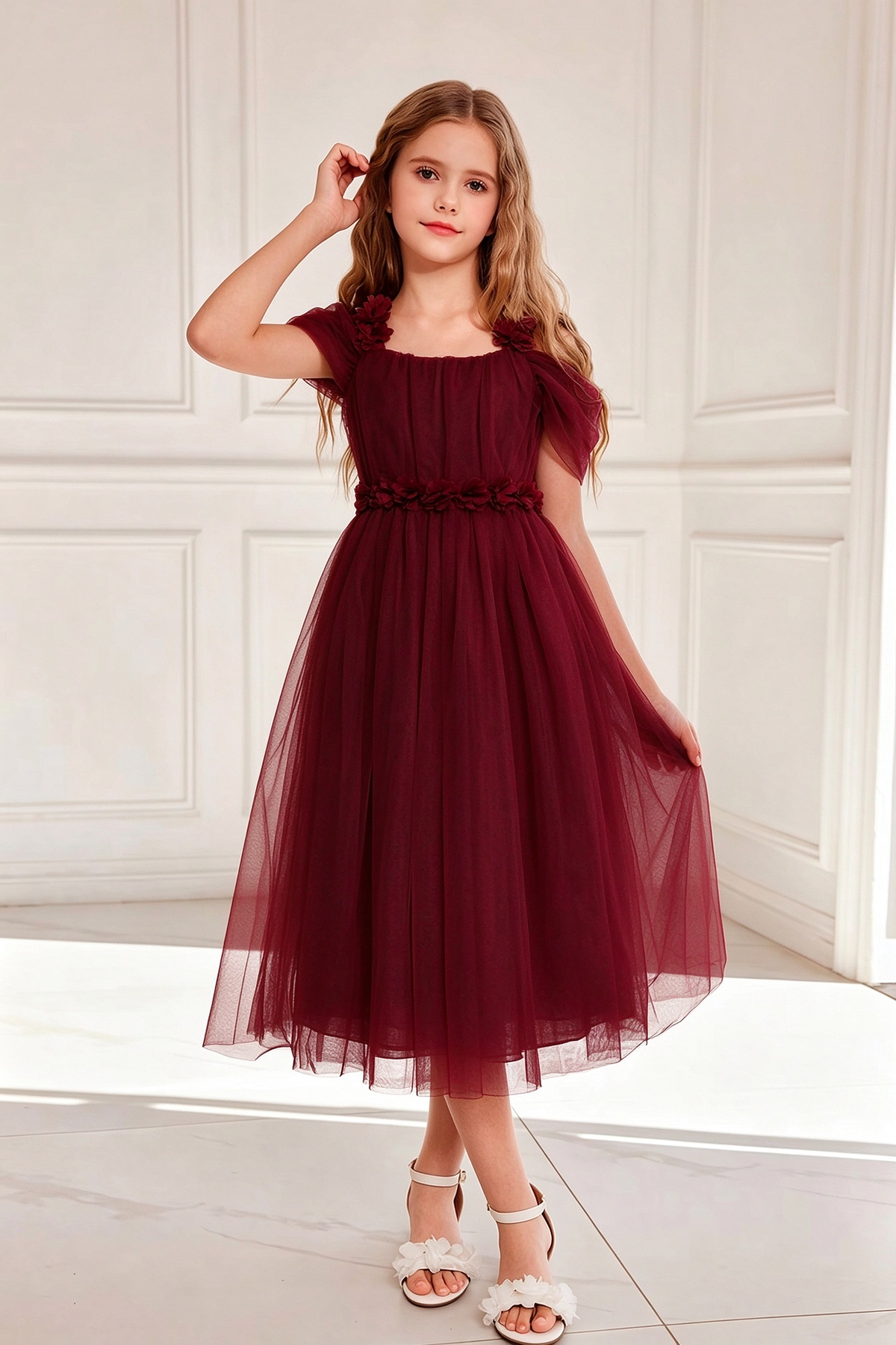 Light Pink Tulle Off Shoulder 3D Floral Girls A-Line Dress