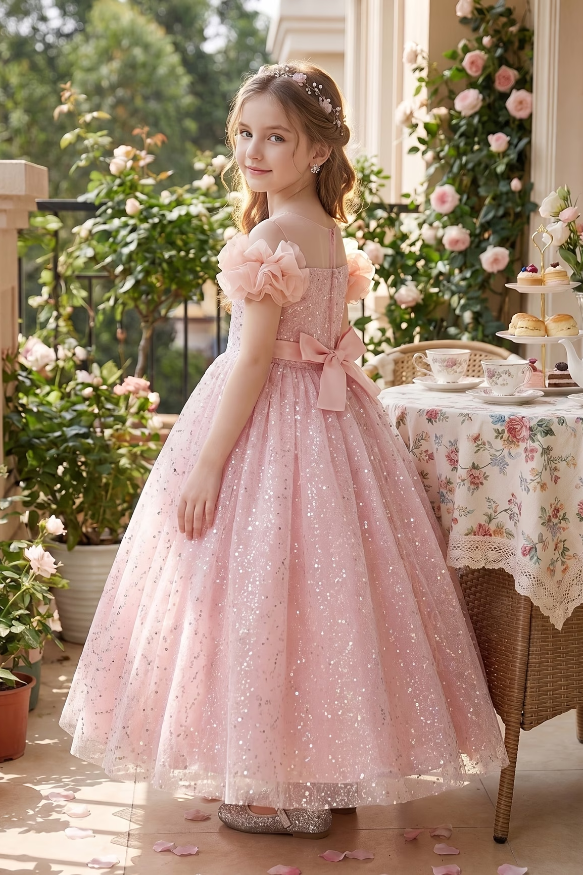 White Sequin Tulle 3D Floral Shoulder Princess A-Line Dress
