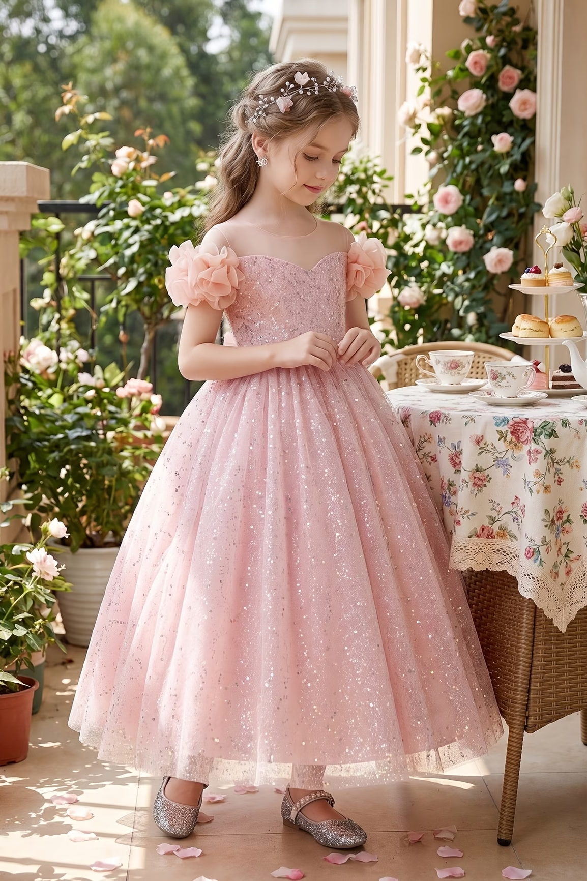 White Sequin Tulle 3D Floral Shoulder Princess A-Line Dress