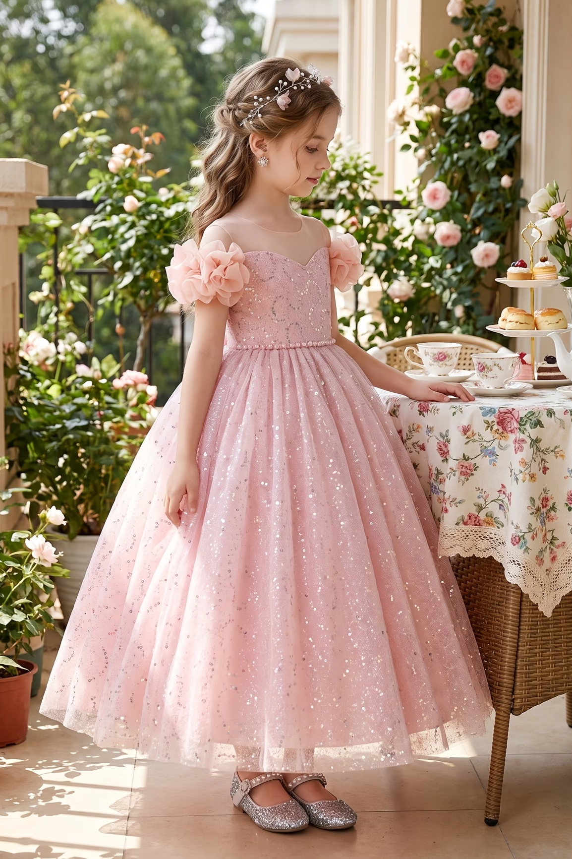 White Sequin Tulle 3D Floral Shoulder Princess A-Line Dress