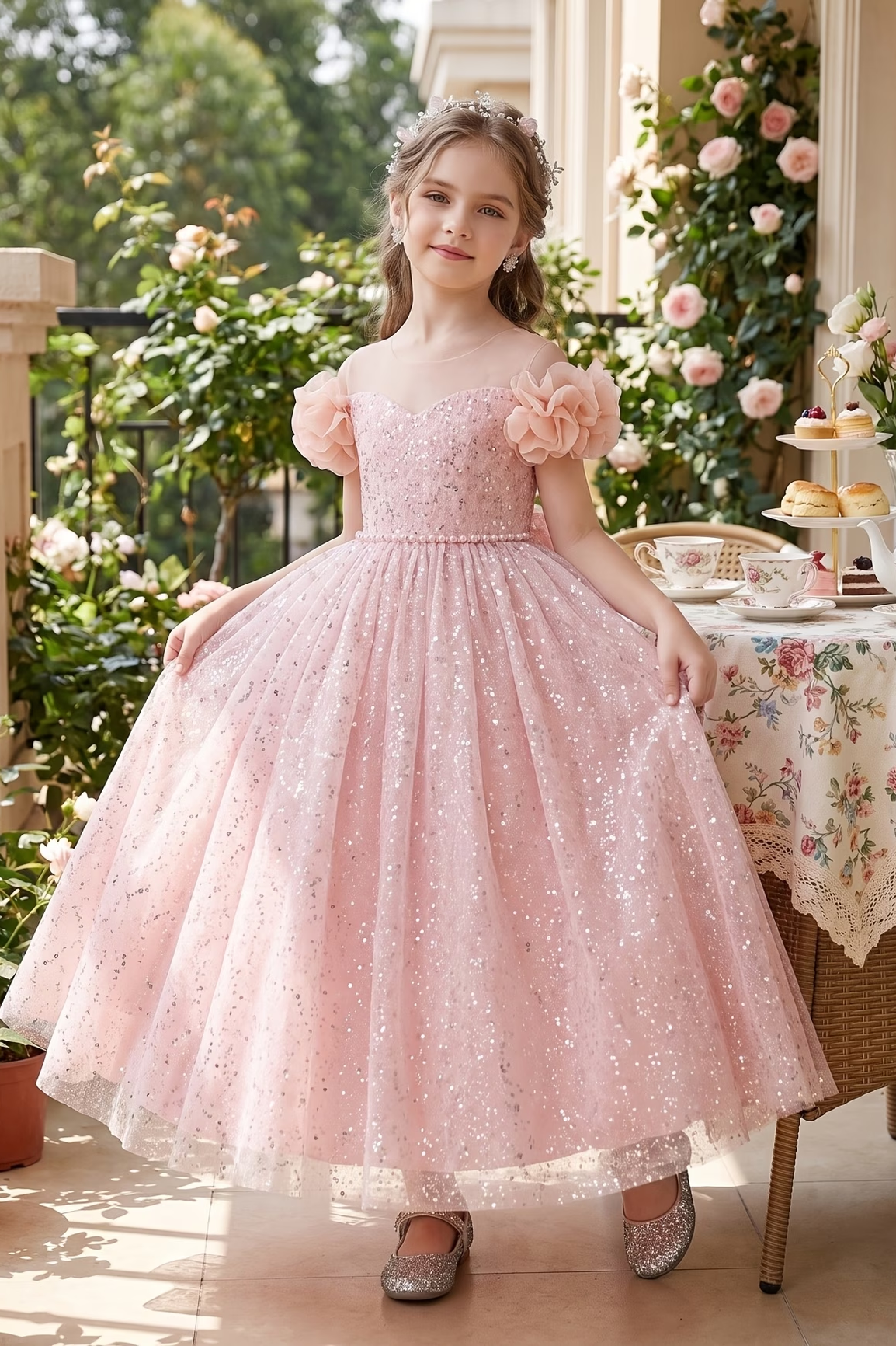White Sequin Tulle 3D Floral Shoulder Princess A-Line Dress