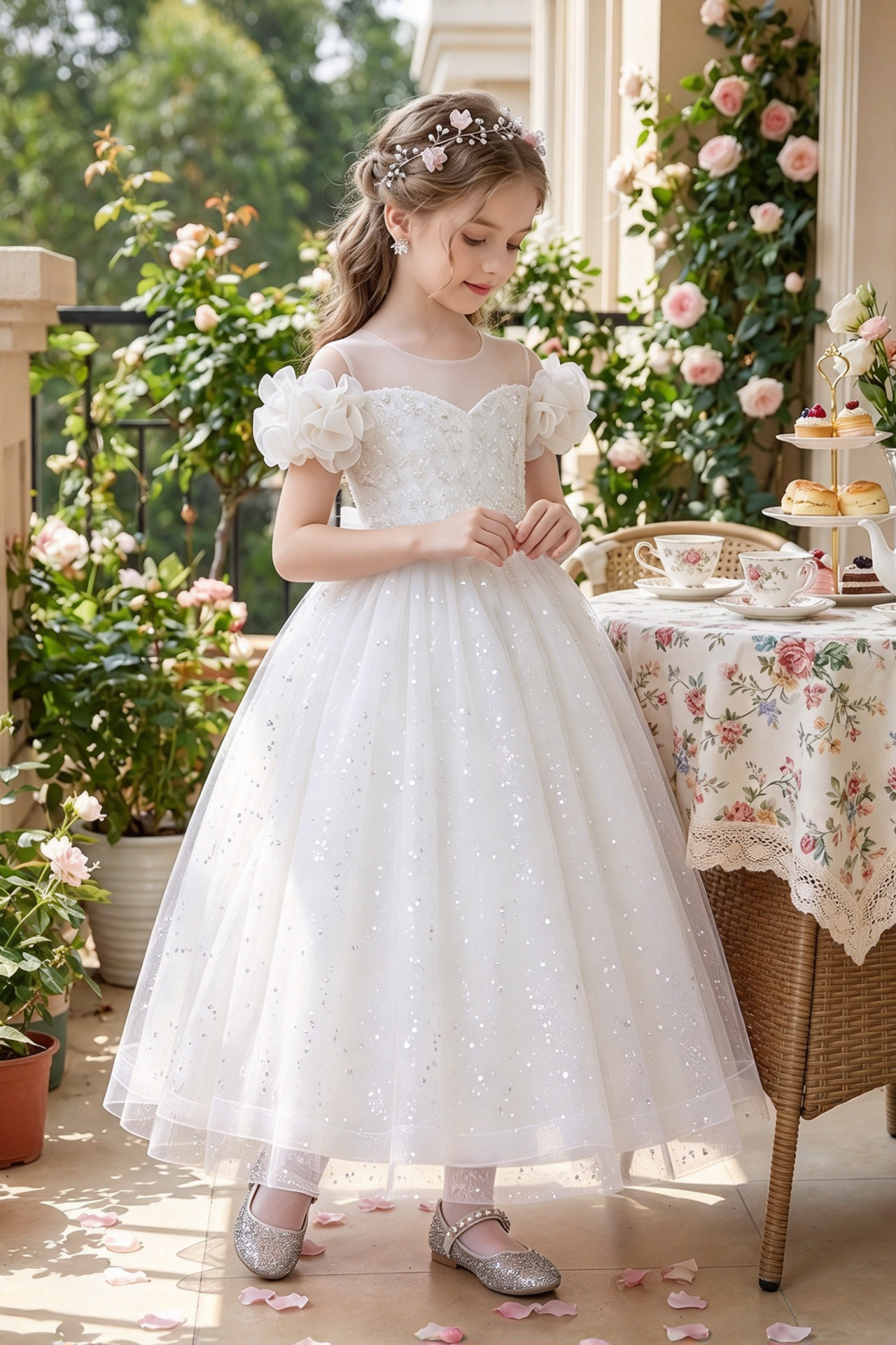 White Sequin Tulle 3D Floral Shoulder Princess A-Line Dress