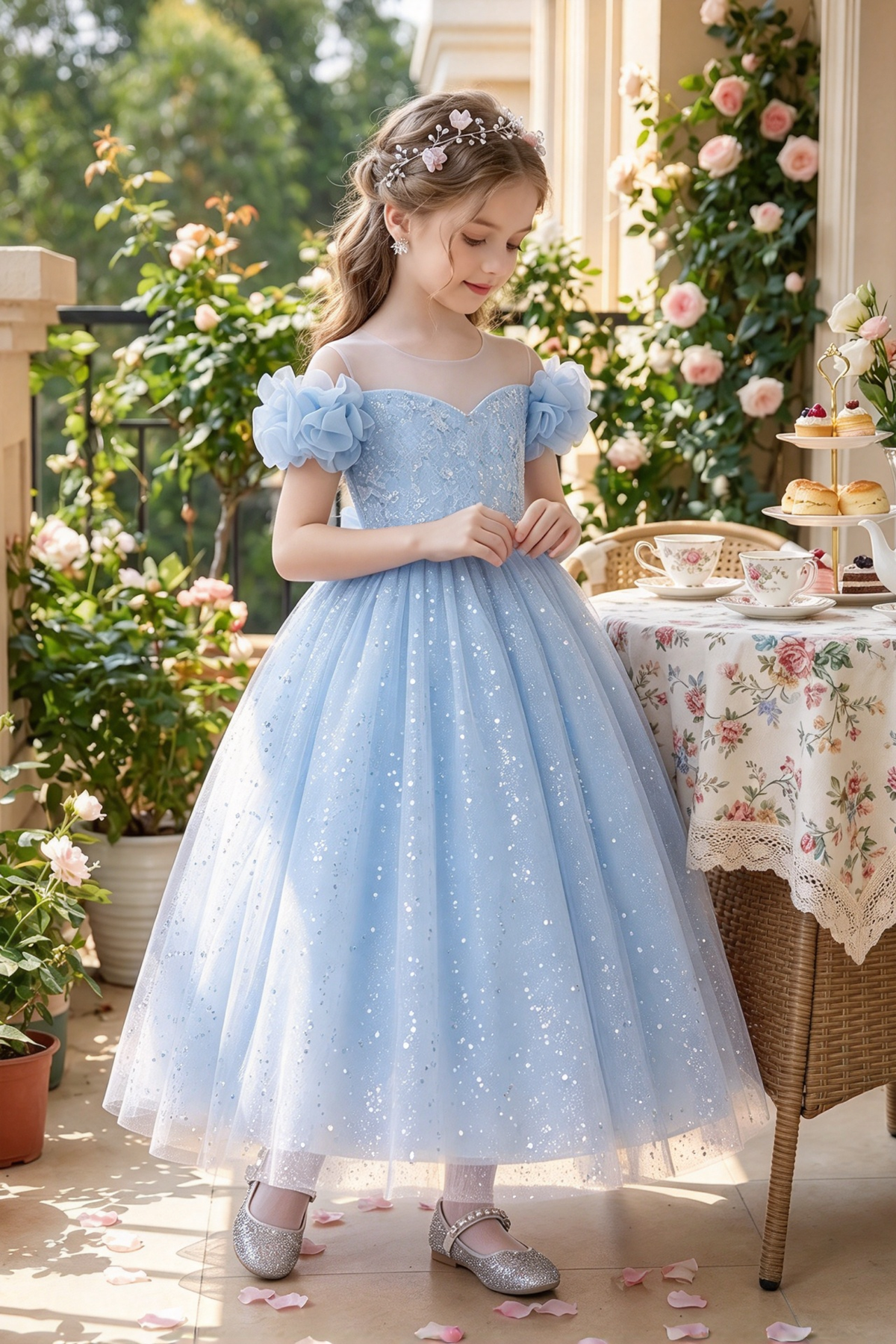 White Sequin Tulle 3D Floral Shoulder Princess A-Line Dress