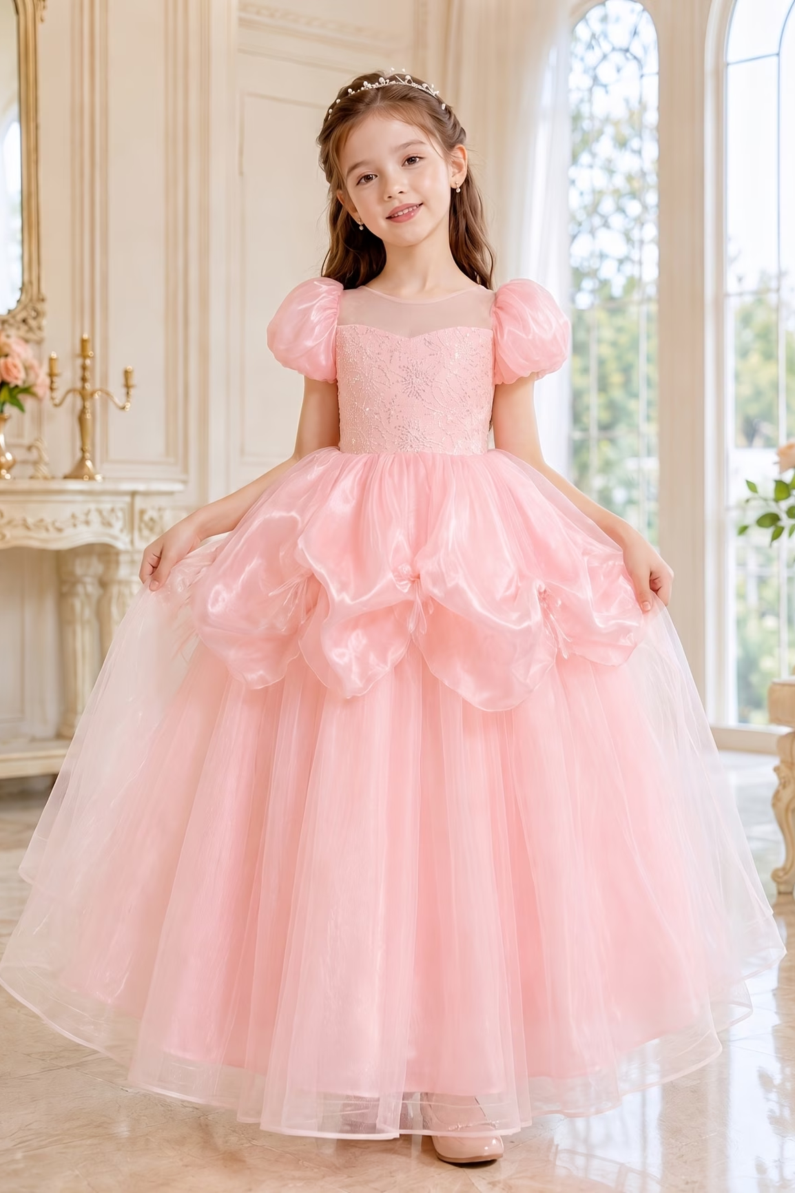 Light Blue Organza Sequin Tulle Puff Sleeve Princess A-Line Dress