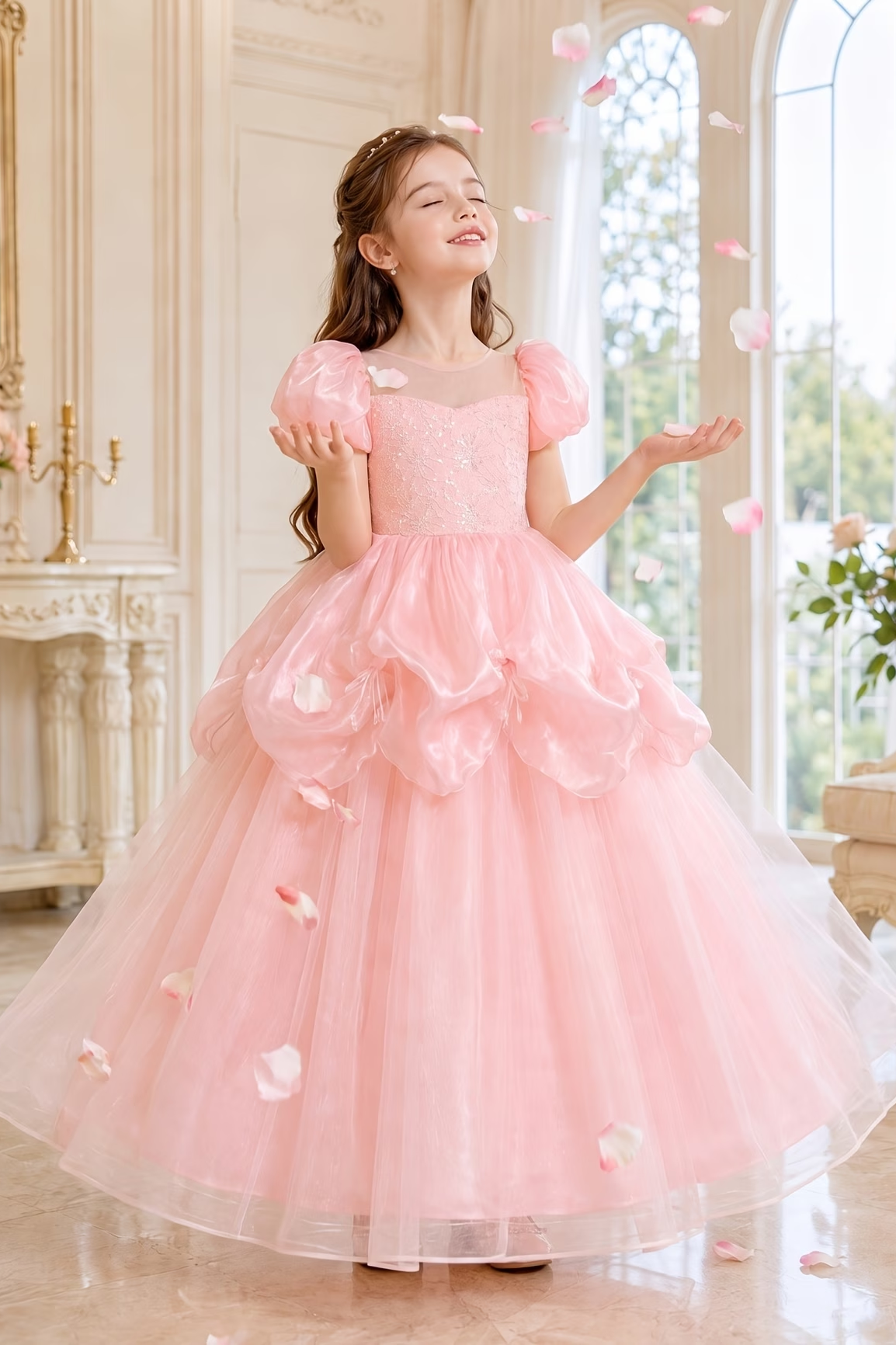 Light Blue Organza Sequin Tulle Puff Sleeve Princess A-Line Dress