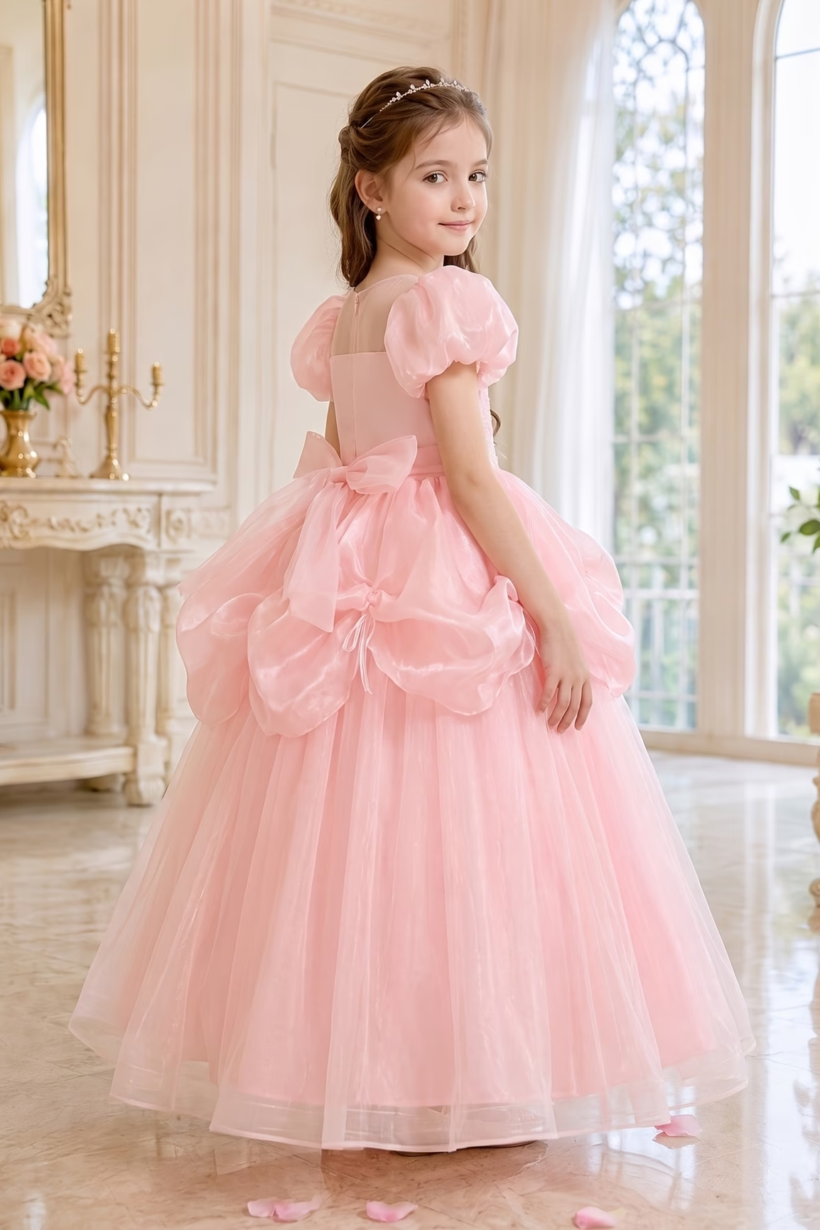 Light Blue Organza Sequin Tulle Puff Sleeve Princess A-Line Dress