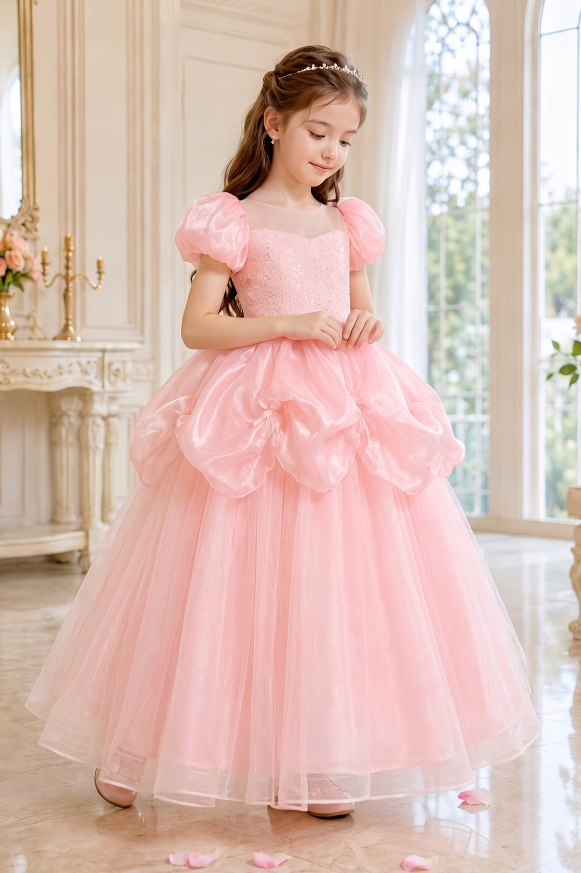 Light Blue Organza Sequin Tulle Puff Sleeve Princess A-Line Dress