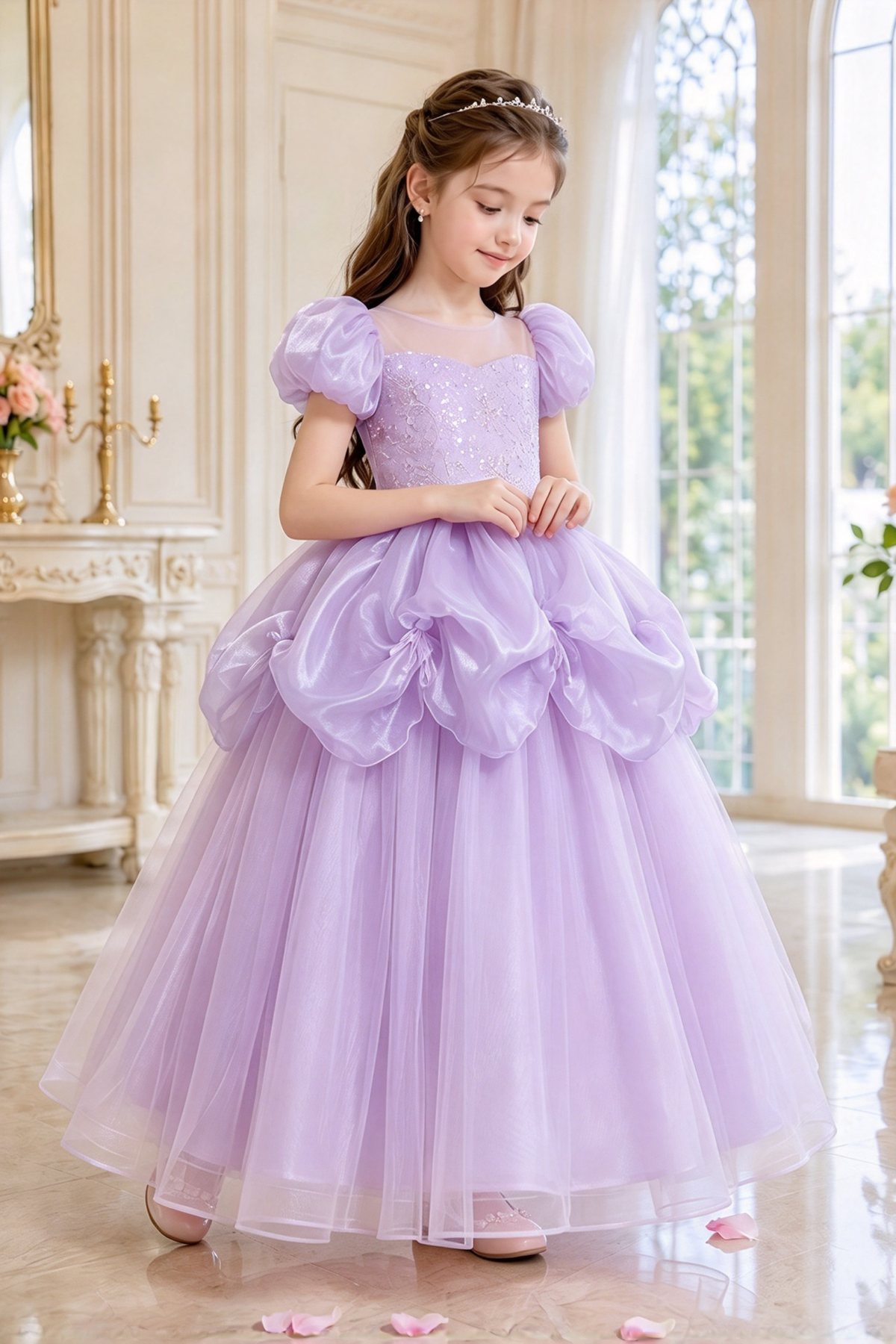 Light Blue Organza Sequin Tulle Puff Sleeve Princess A-Line Dress